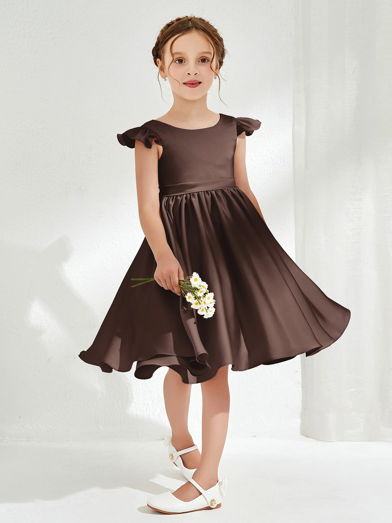 Cute Cap Sleeves Acetate Satin Flower Girl Dresses Chocolate - Image 3