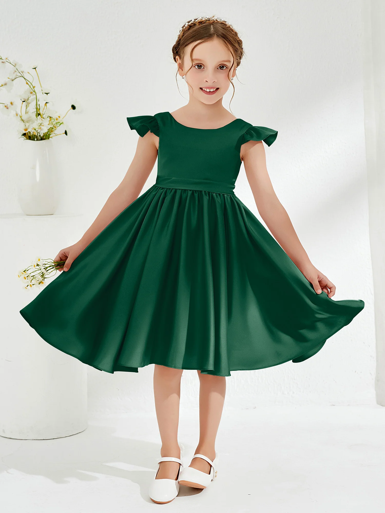 Cute Cap Sleeves Acetate Satin Flower Girl Dresses Dark Green