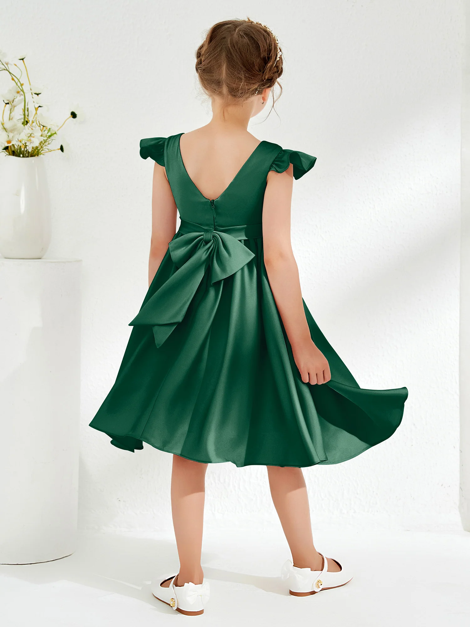 Cute Cap Sleeves Acetate Satin Flower Girl Dresses Dark Green - Image 2