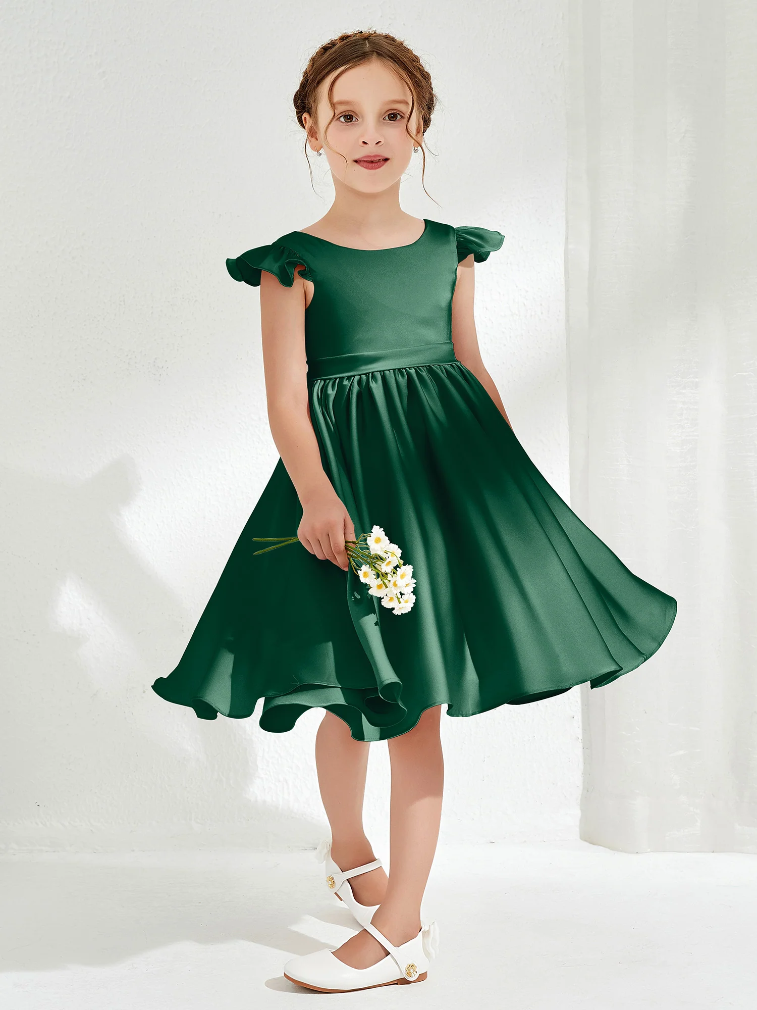 Cute Cap Sleeves Acetate Satin Flower Girl Dresses Dark Green - Image 3