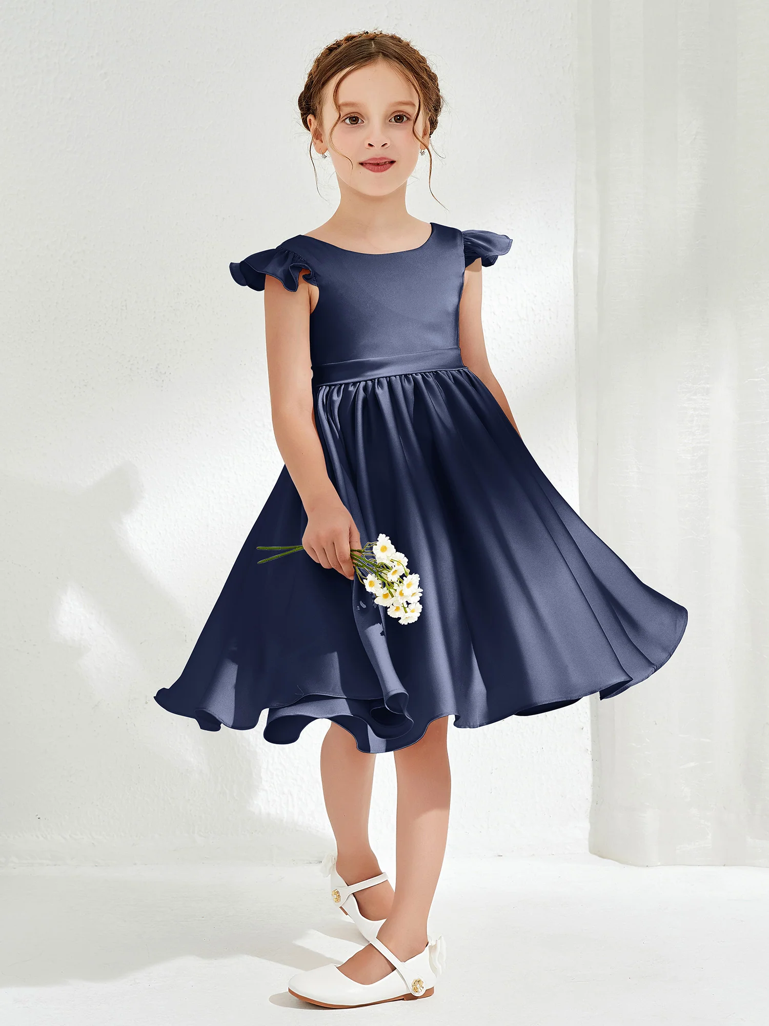 Cute Cap Sleeves Acetate Satin Flower Girl Dresses Dark Navy - Image 3