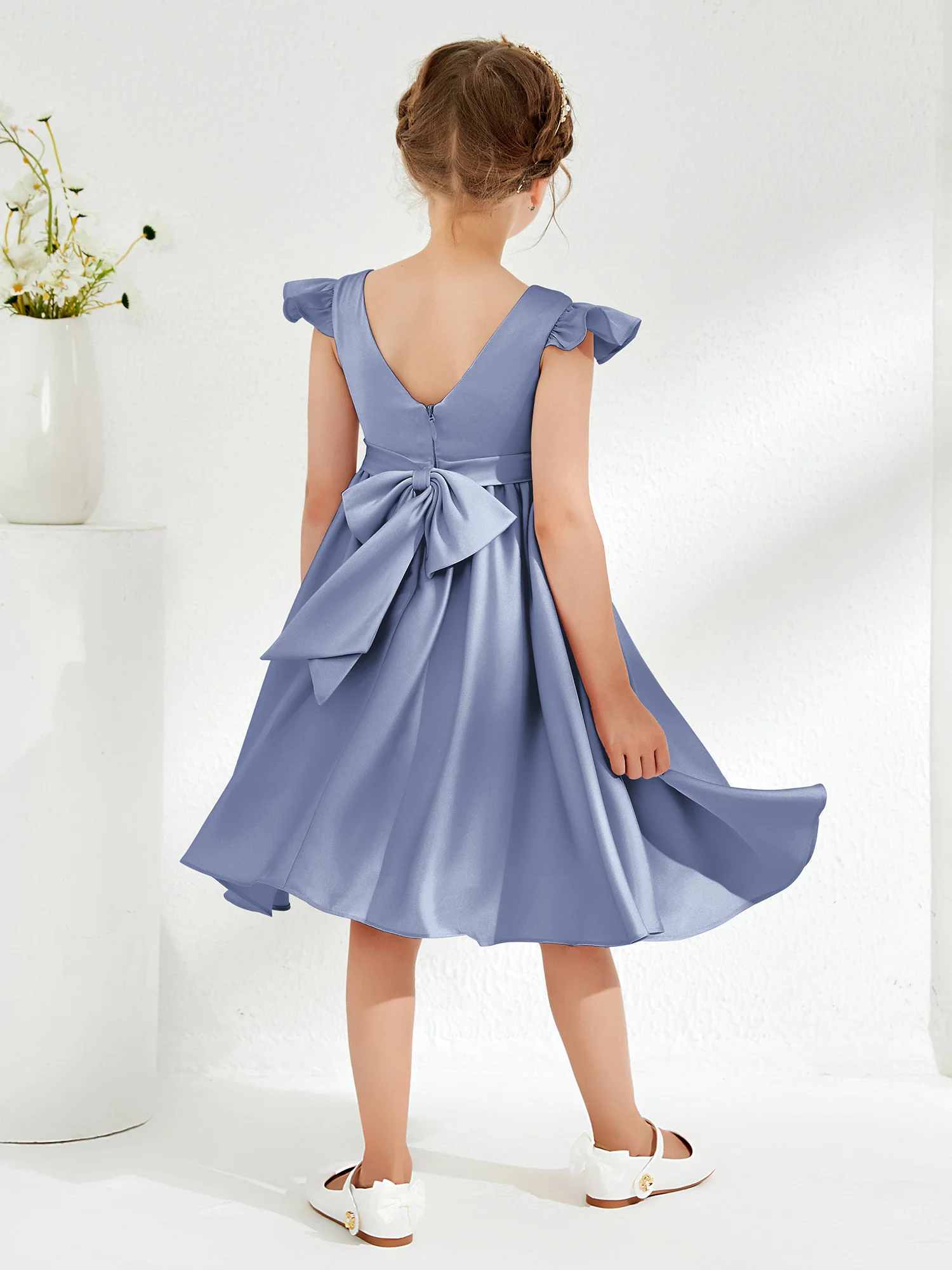 Cute Cap Sleeves Acetate Satin Flower Girl Dresses Dusty Blue - Image 2