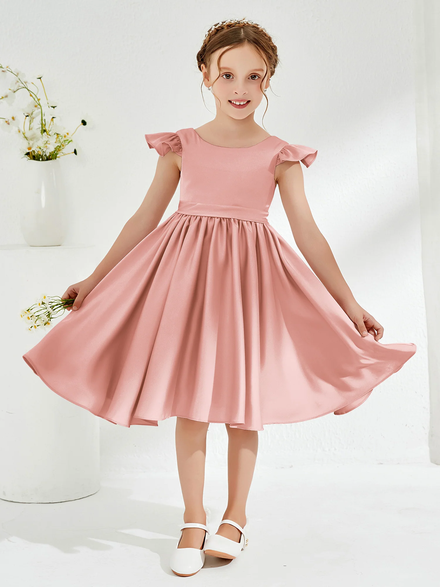 Cute Cap Sleeves Acetate Satin Flower Girl Dresses Dusty Rose