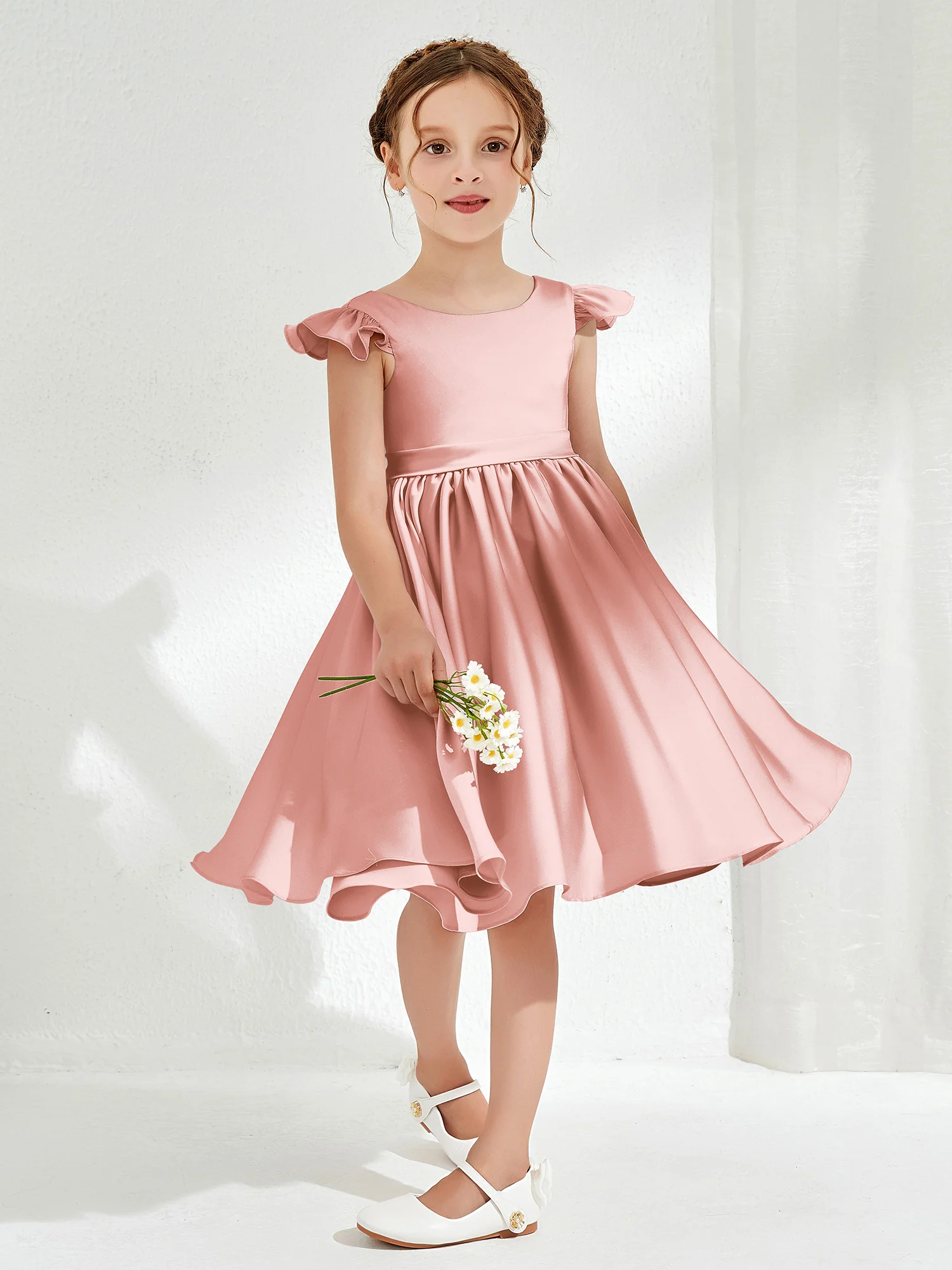Cute Cap Sleeves Acetate Satin Flower Girl Dresses Dusty Rose - Image 3