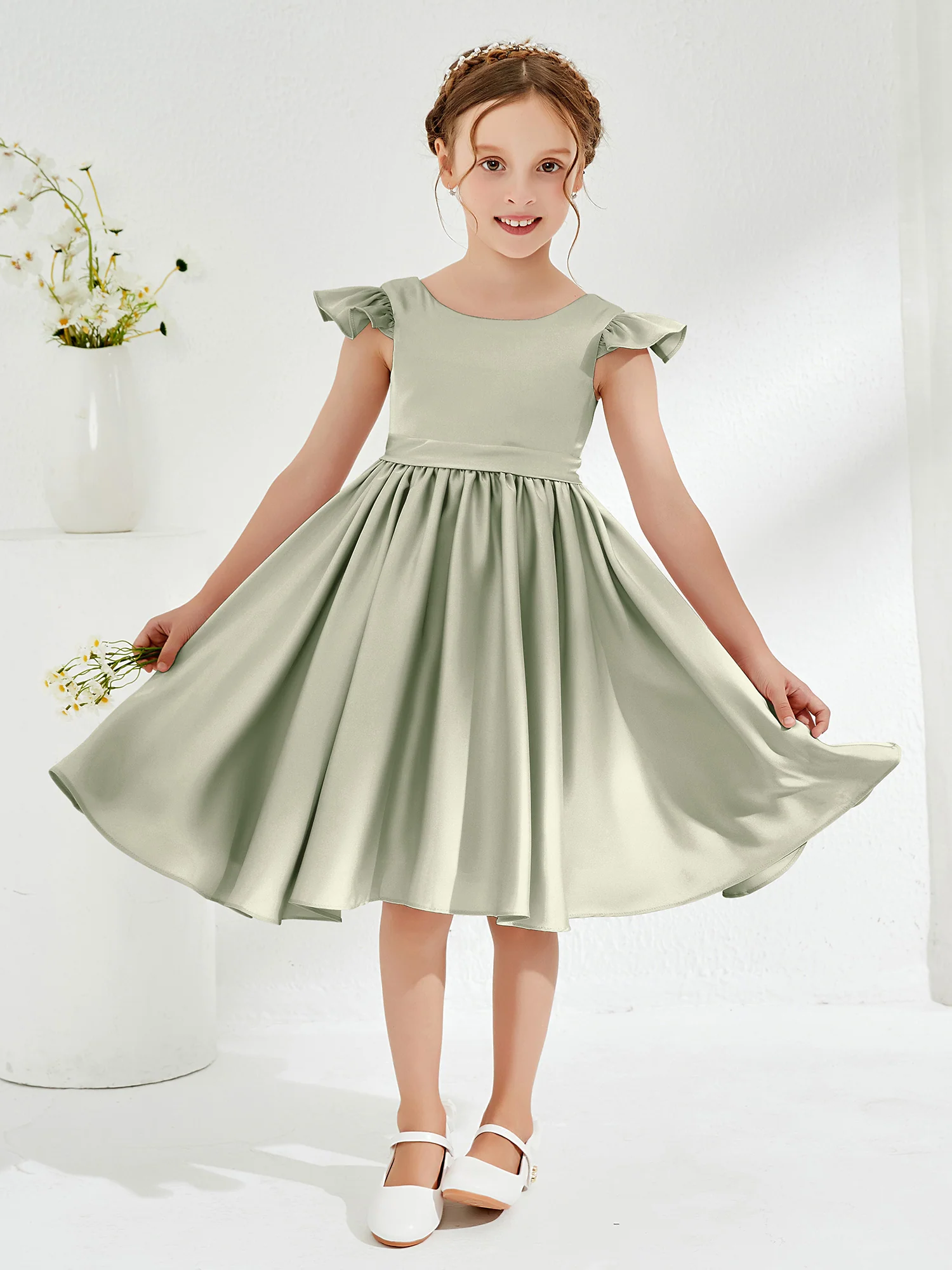 Cute Cap Sleeves Acetate Satin Flower Girl Dresses Dusty Sage
