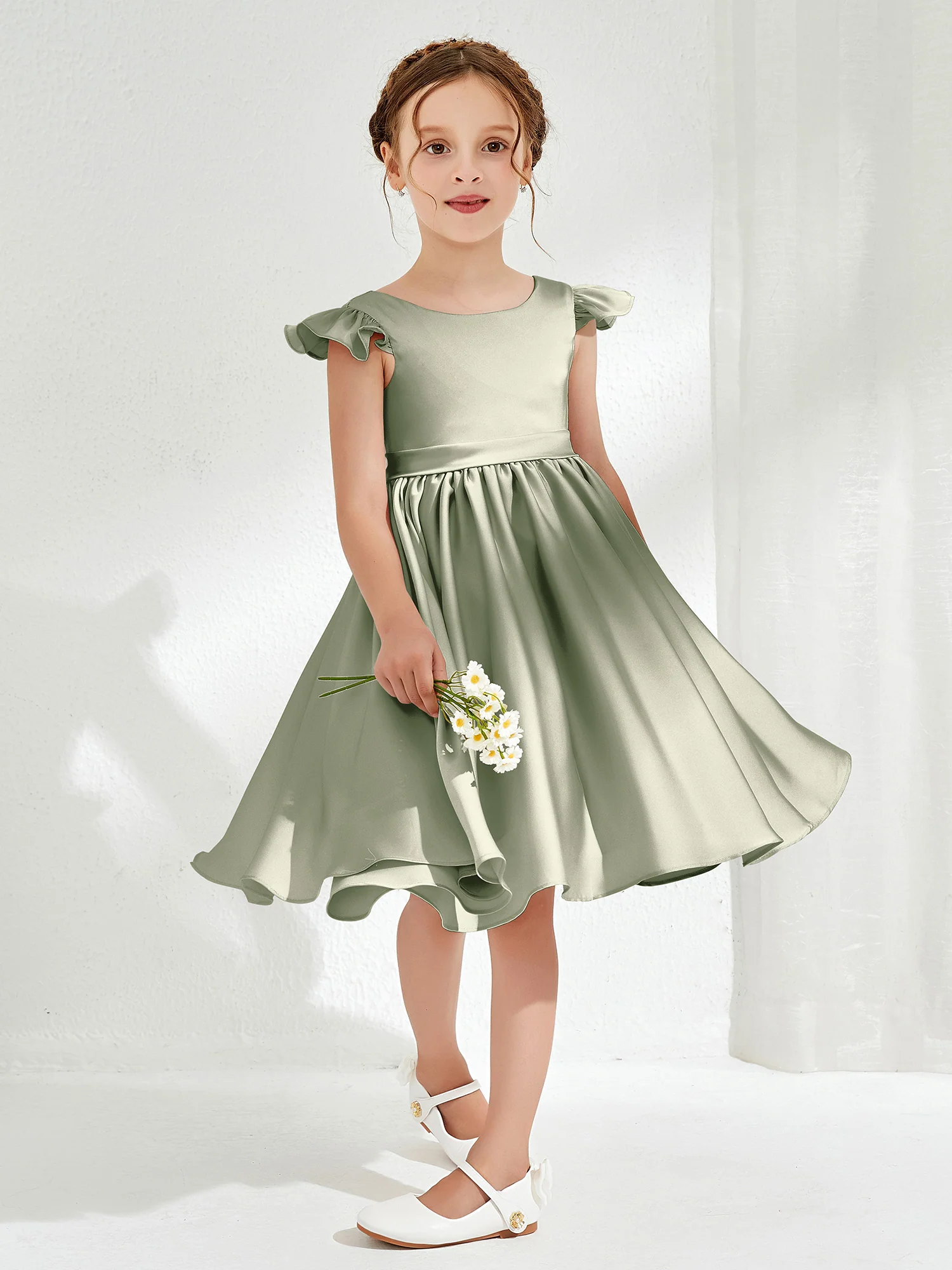 Cute Cap Sleeves Acetate Satin Flower Girl Dresses Dusty Sage - Image 3