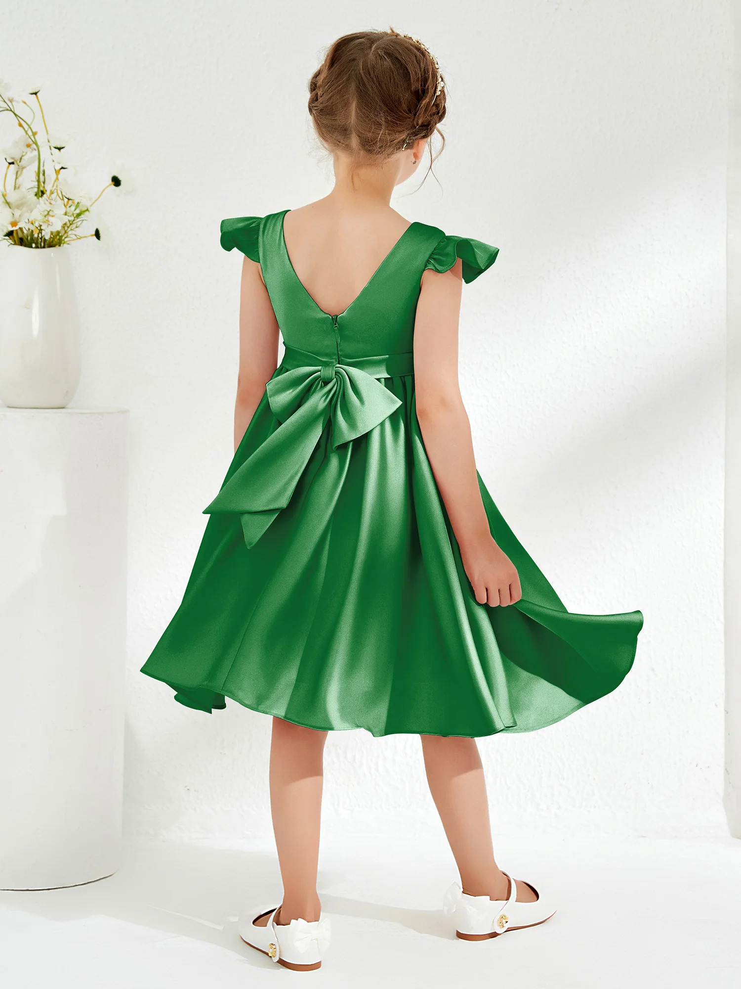 Cute Cap Sleeves Acetate Satin Flower Girl Dresses Emerald - Image 2