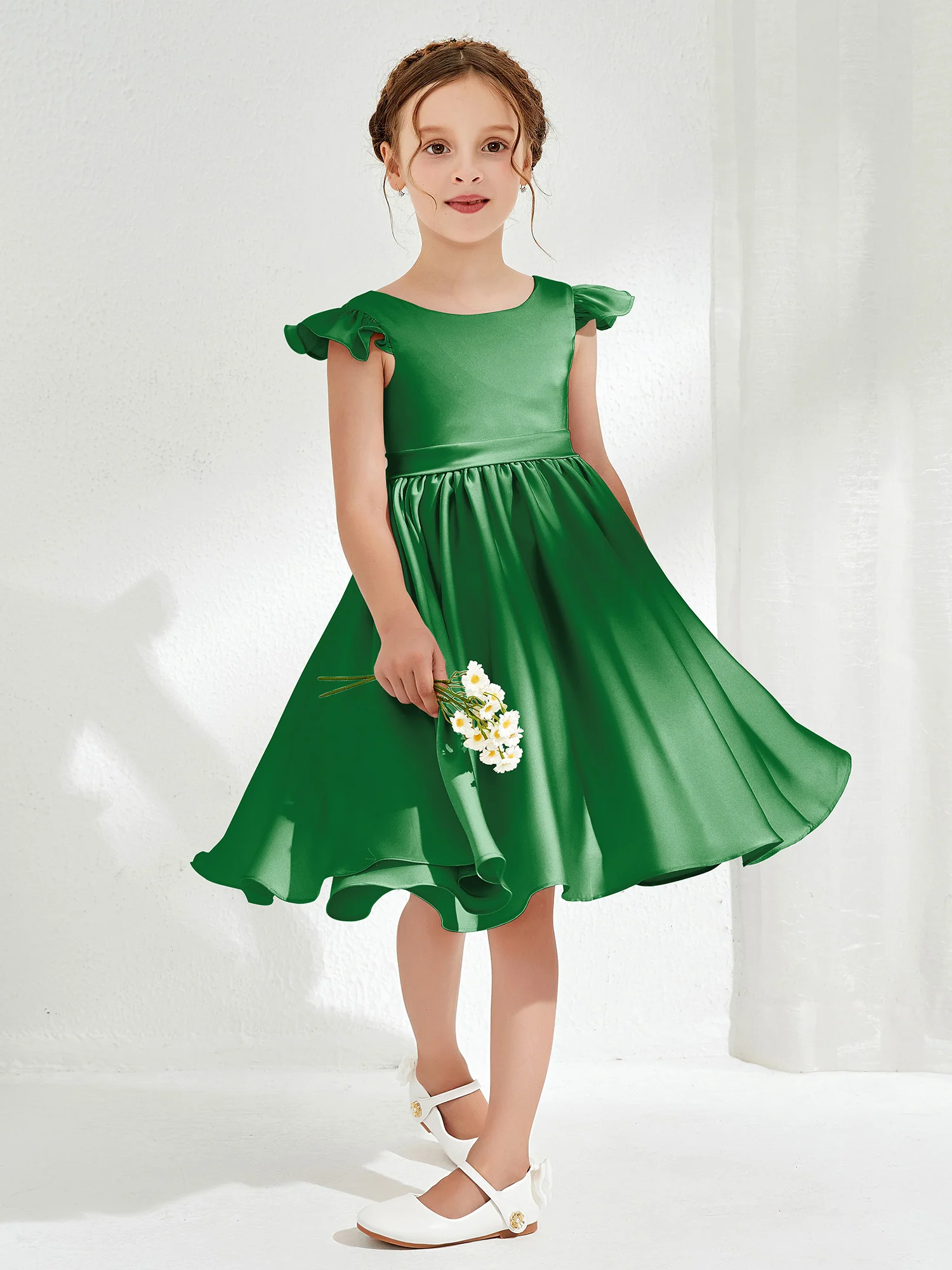 Cute Cap Sleeves Acetate Satin Flower Girl Dresses Emerald - Image 3