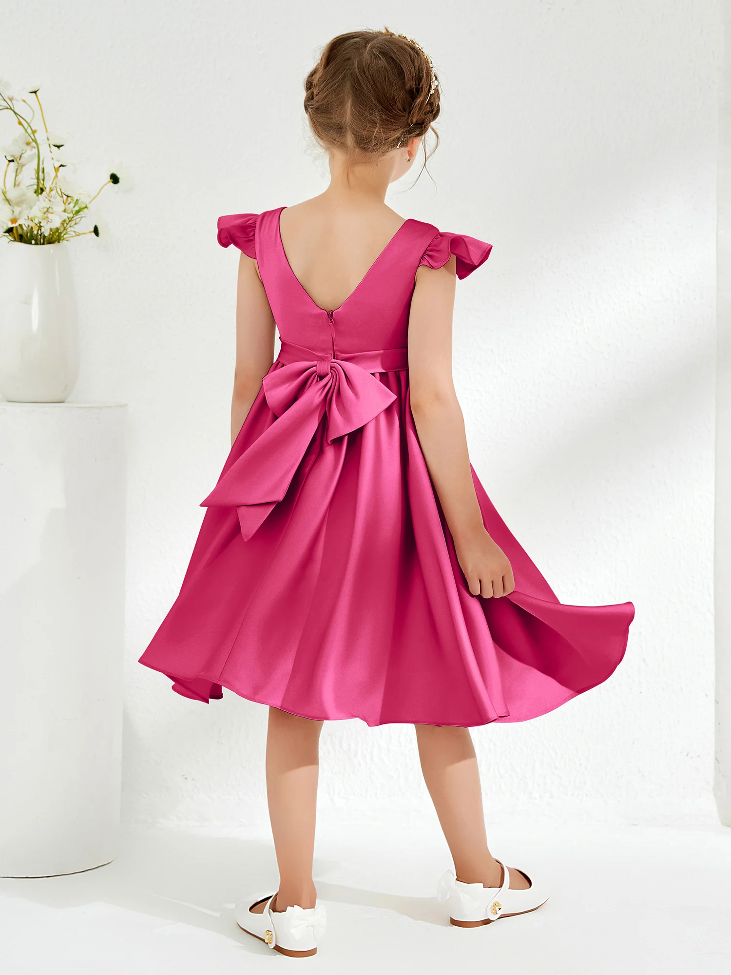 Cute Cap Sleeves Acetate Satin Flower Girl Dresses Fuchsia - Image 2