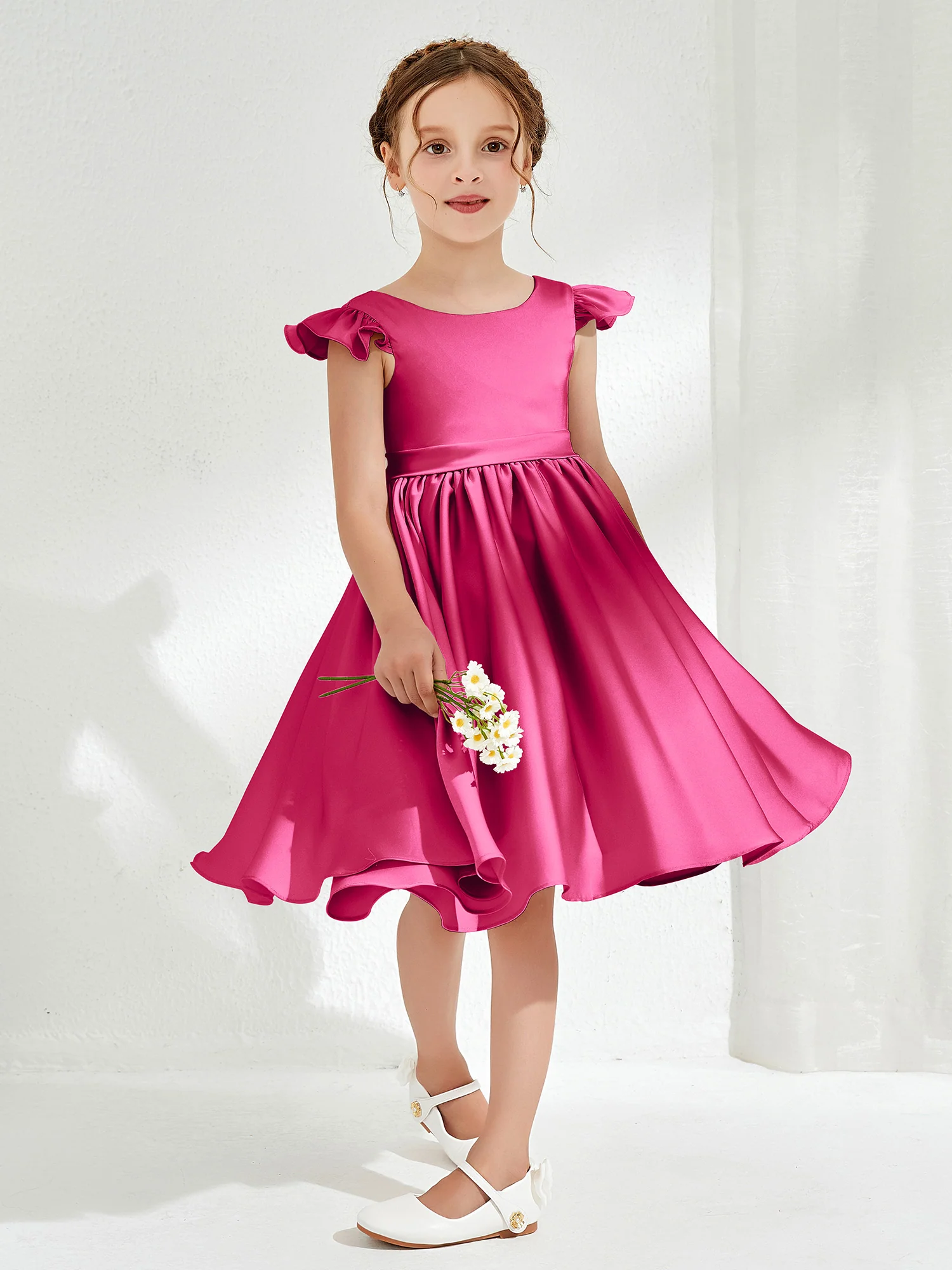 Cute Cap Sleeves Acetate Satin Flower Girl Dresses Fuchsia - Image 3