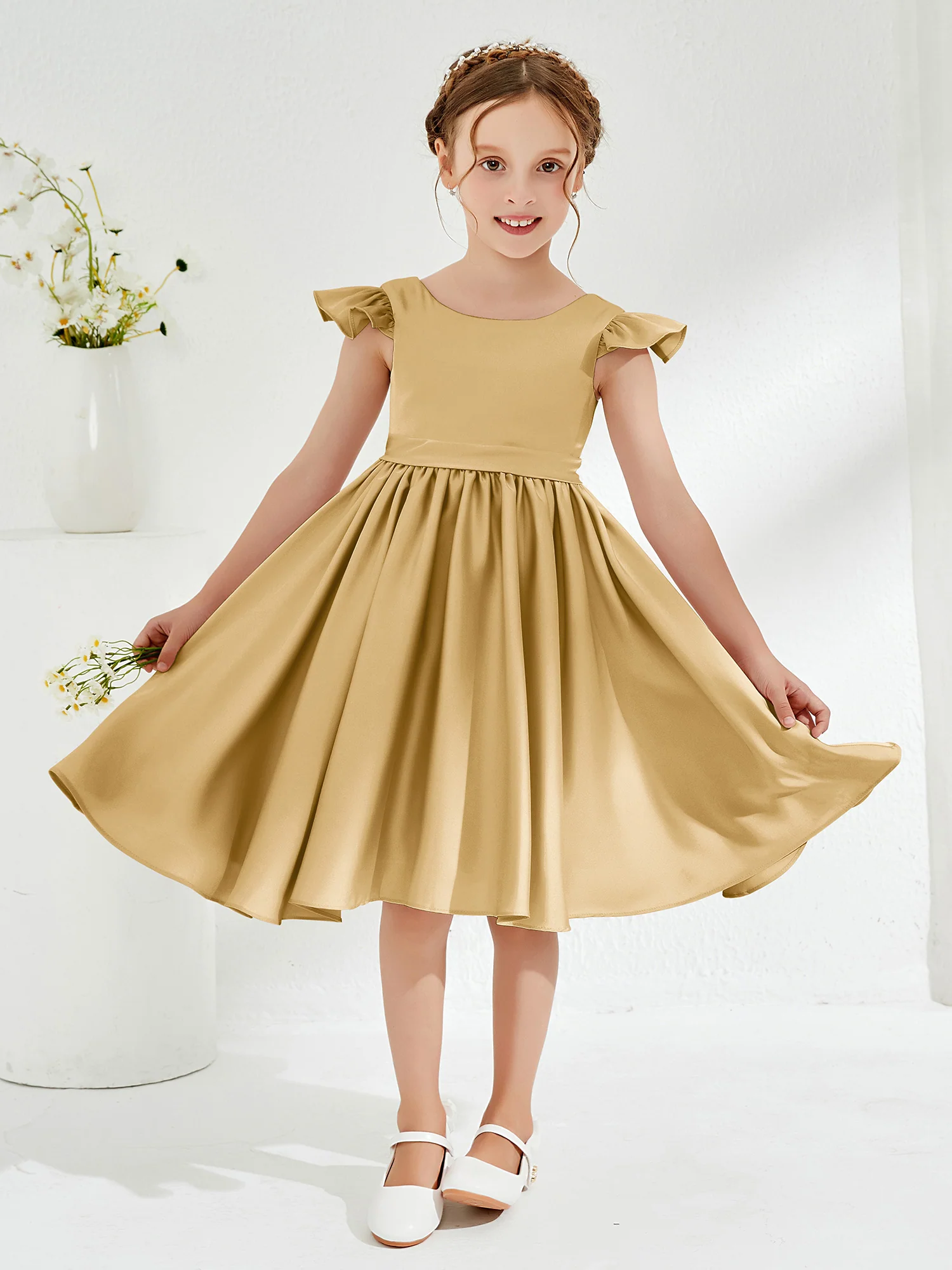 Cute Cap Sleeves Acetate Satin Flower Girl Dresses Gold