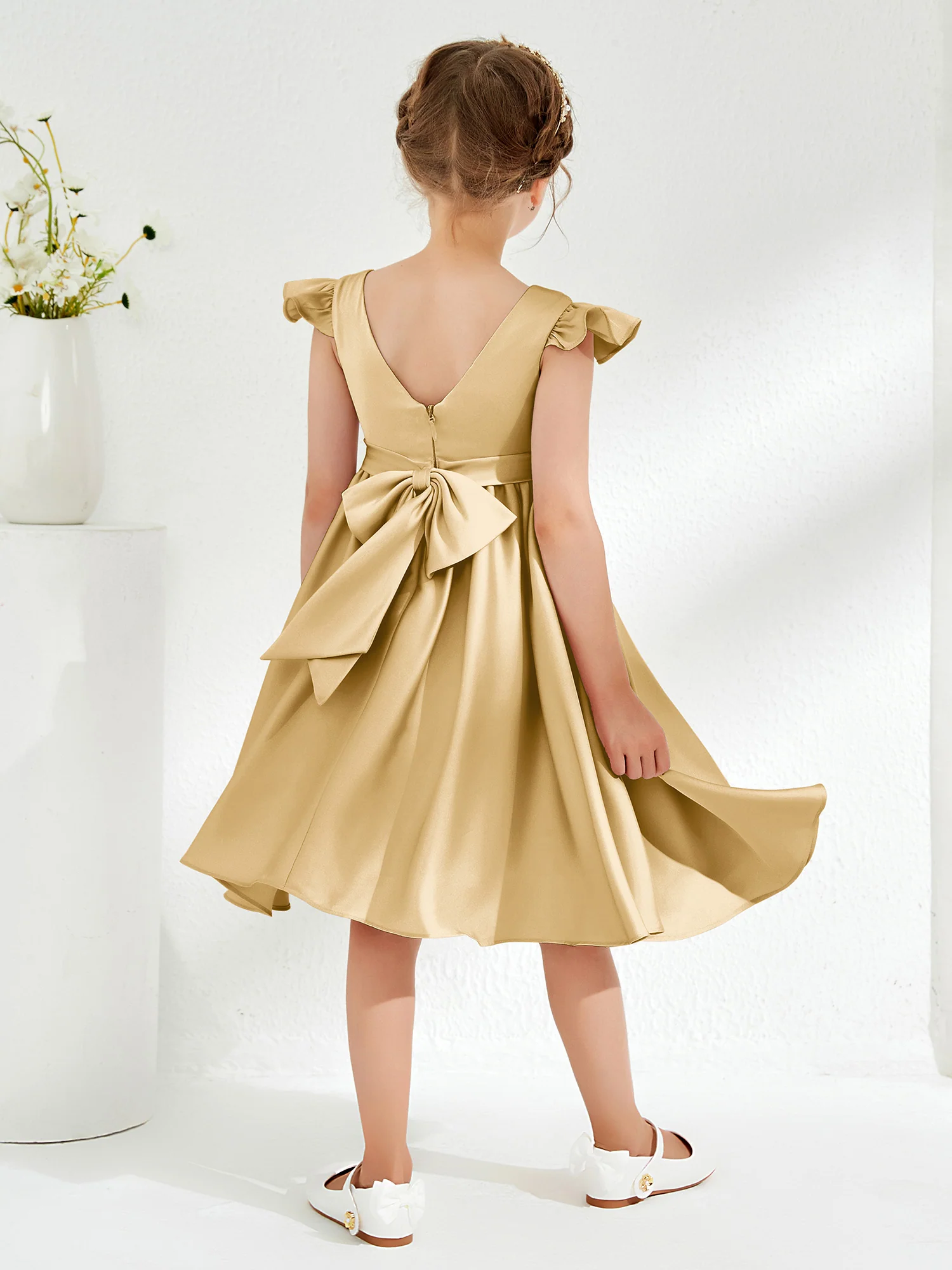 Cute Cap Sleeves Acetate Satin Flower Girl Dresses Gold - Image 2