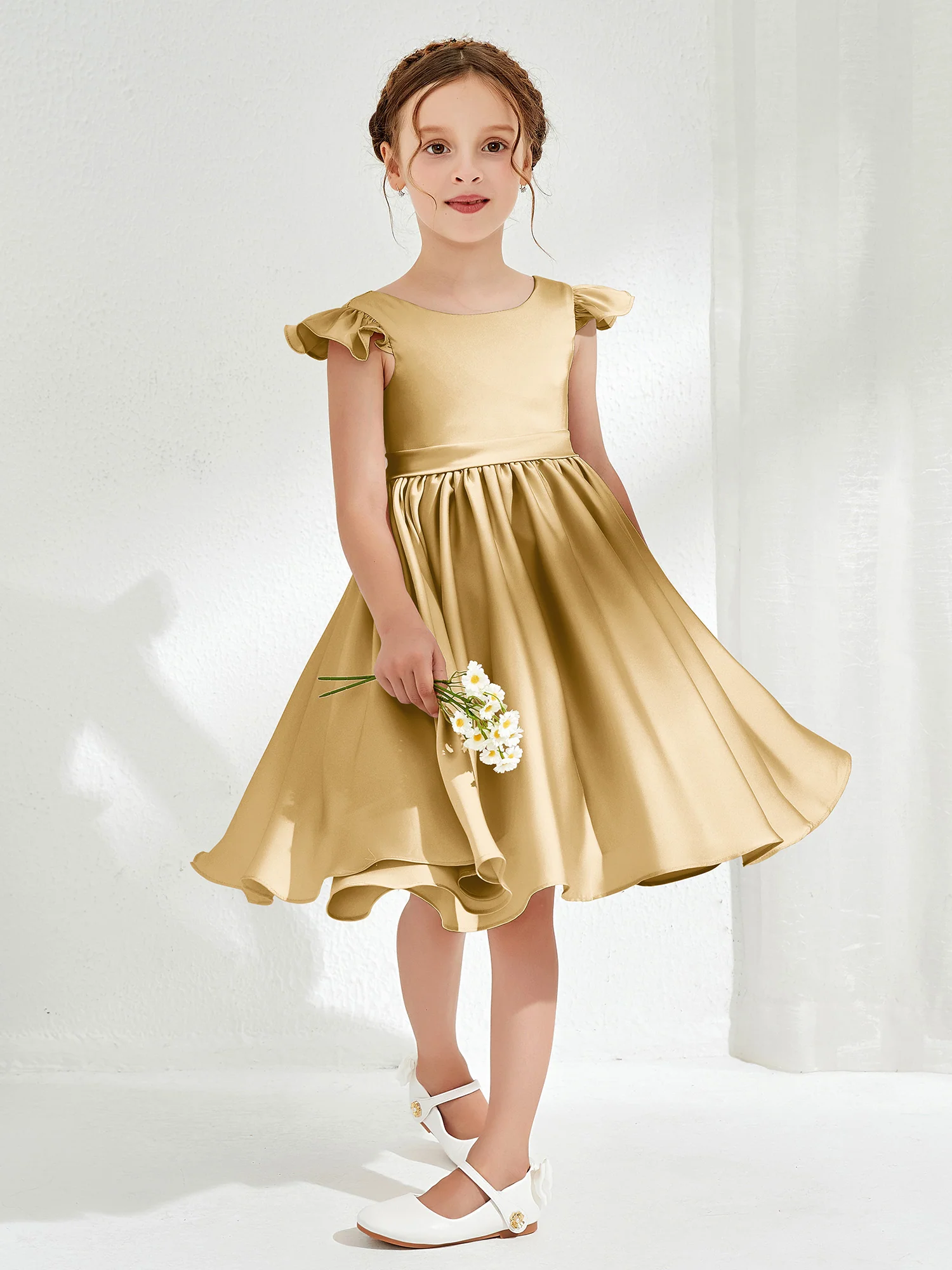 Cute Cap Sleeves Acetate Satin Flower Girl Dresses Gold - Image 3
