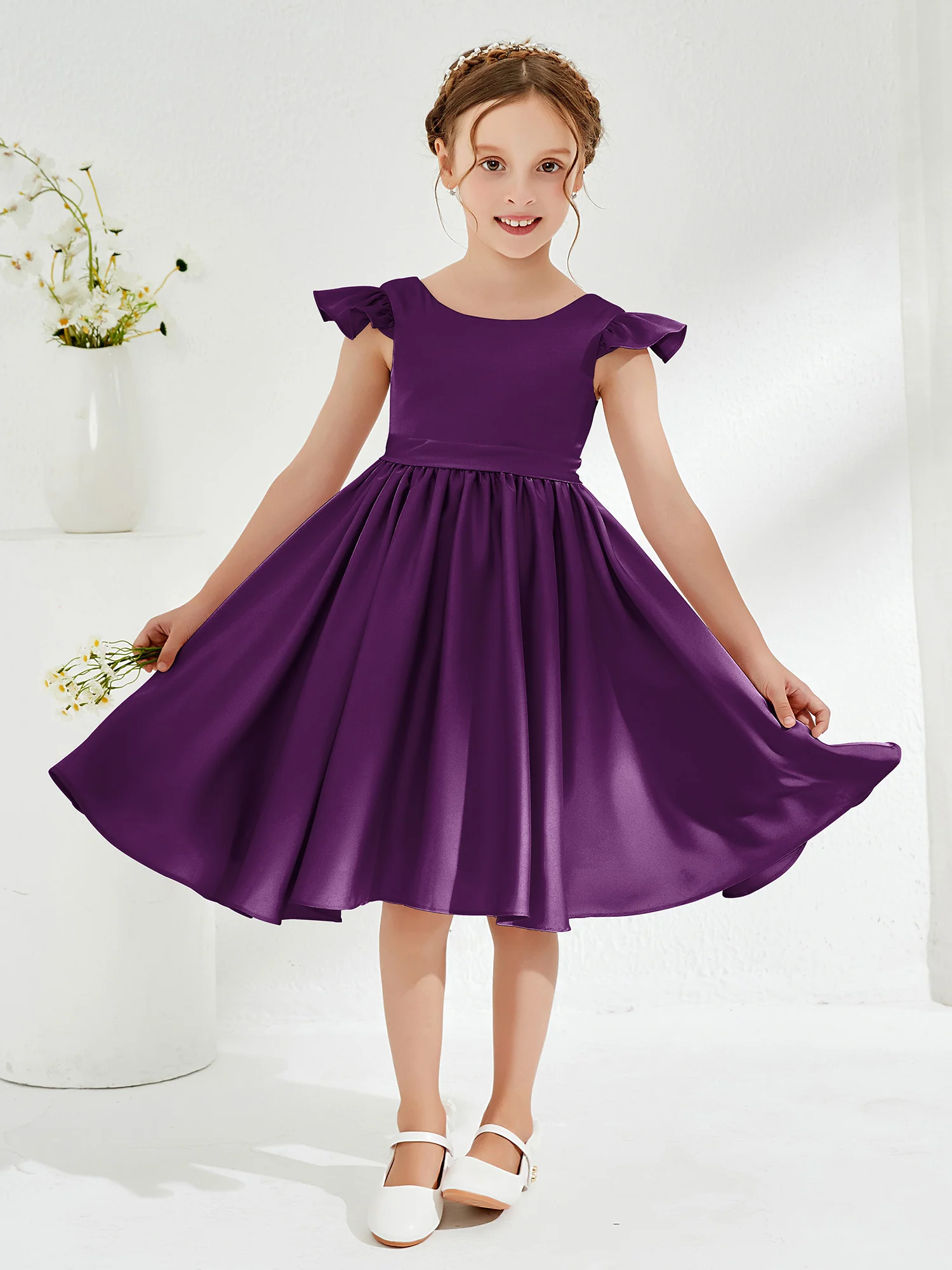Cute Cap Sleeves Acetate Satin Flower Girl Dresses Grape