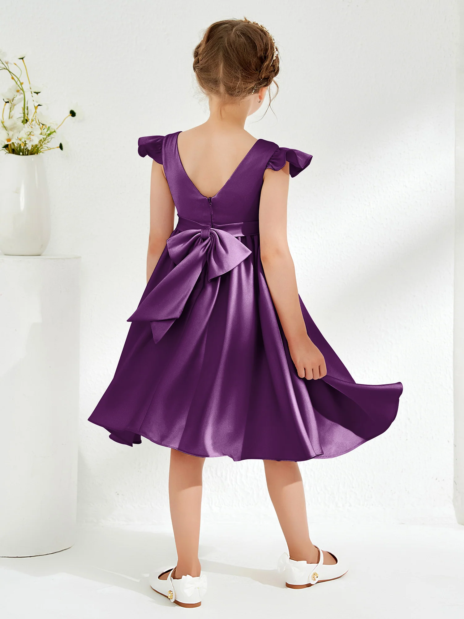 Cute Cap Sleeves Acetate Satin Flower Girl Dresses Grape - Image 2