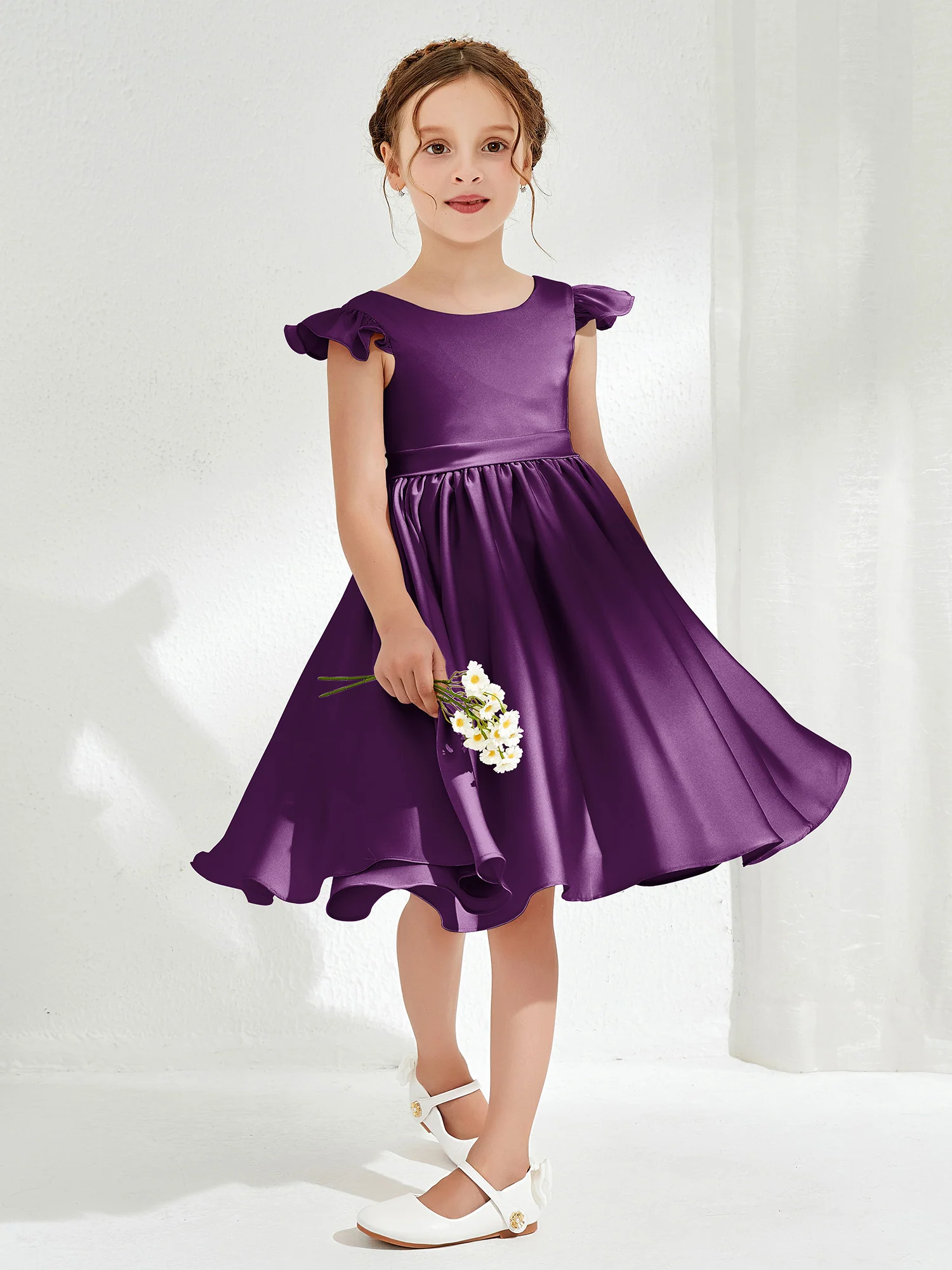 Cute Cap Sleeves Acetate Satin Flower Girl Dresses Grape - Image 3