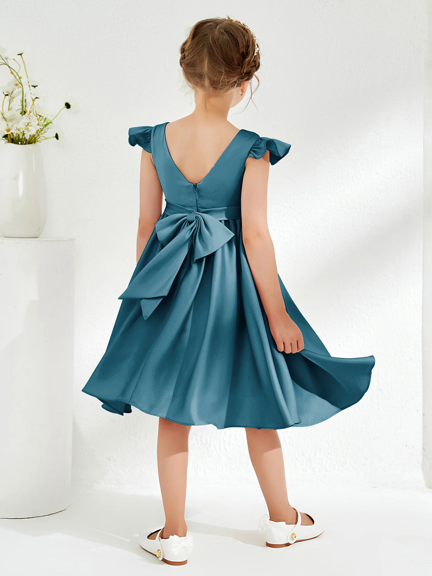 Cute Cap Sleeves Acetate Satin Flower Girl Dresses Ink Blue - Image 2