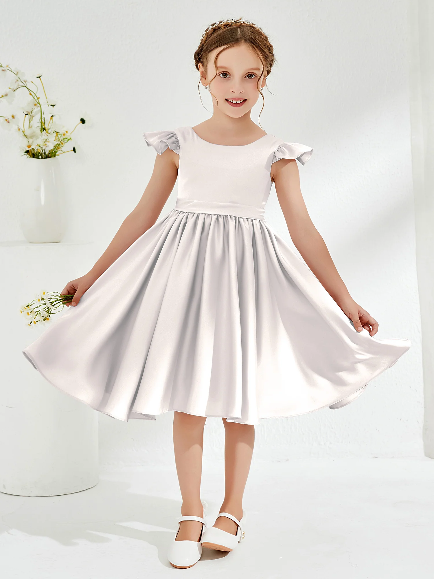 Cute Cap Sleeves Acetate Satin Flower Girl Dresses Ivory