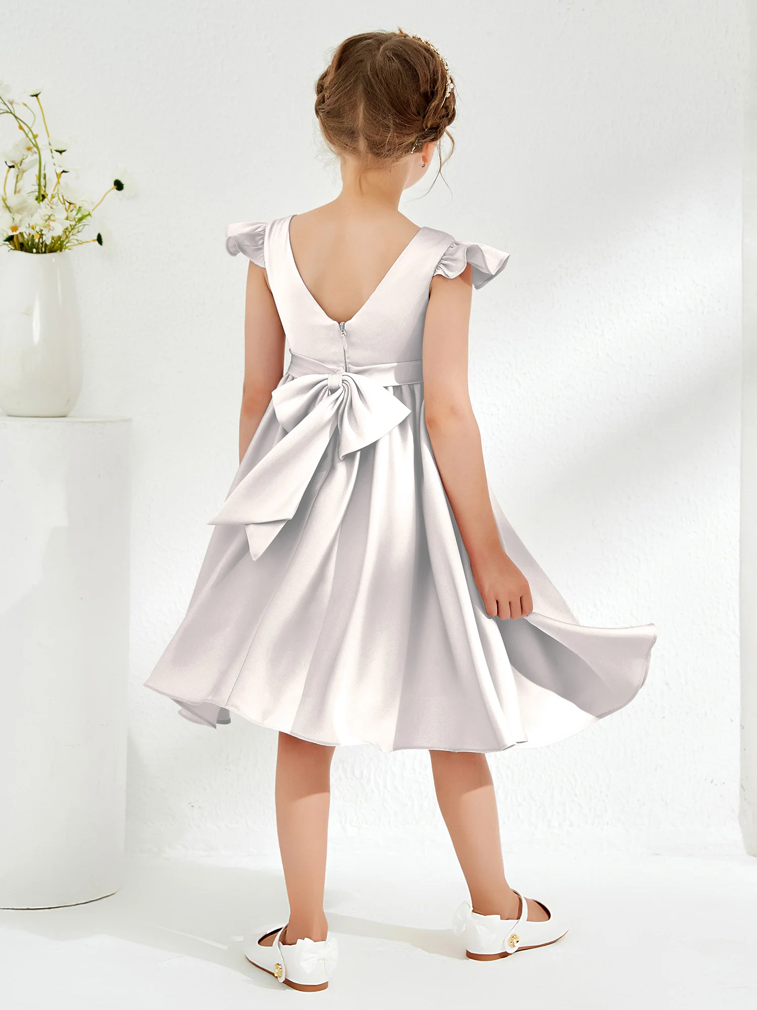 Cute Cap Sleeves Acetate Satin Flower Girl Dresses Ivory - Image 2