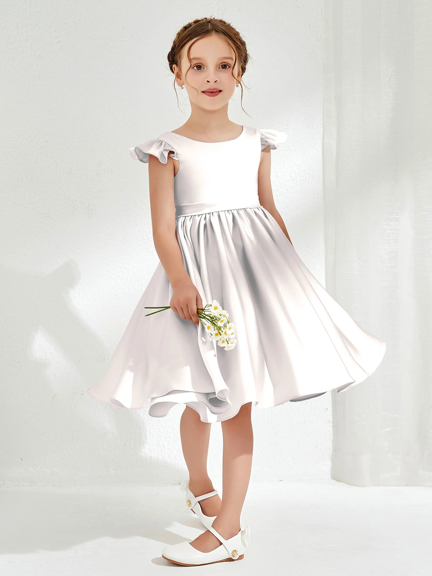Cute Cap Sleeves Acetate Satin Flower Girl Dresses Ivory - Image 3