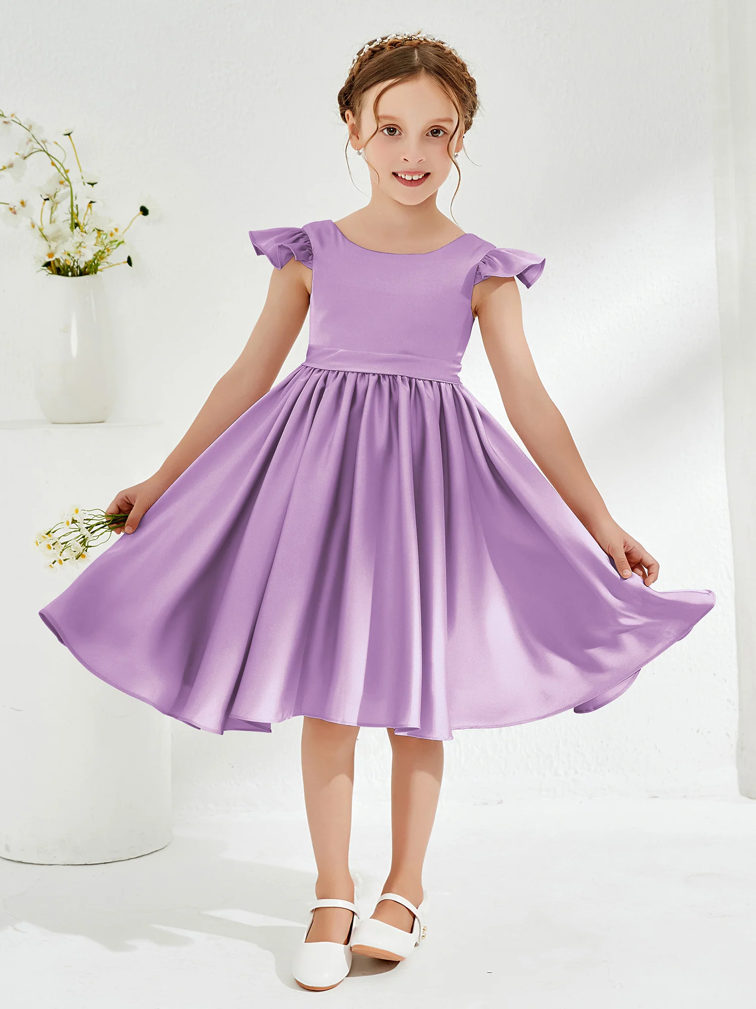 Cute Cap Sleeves Acetate Satin Flower Girl Dresses Lilac