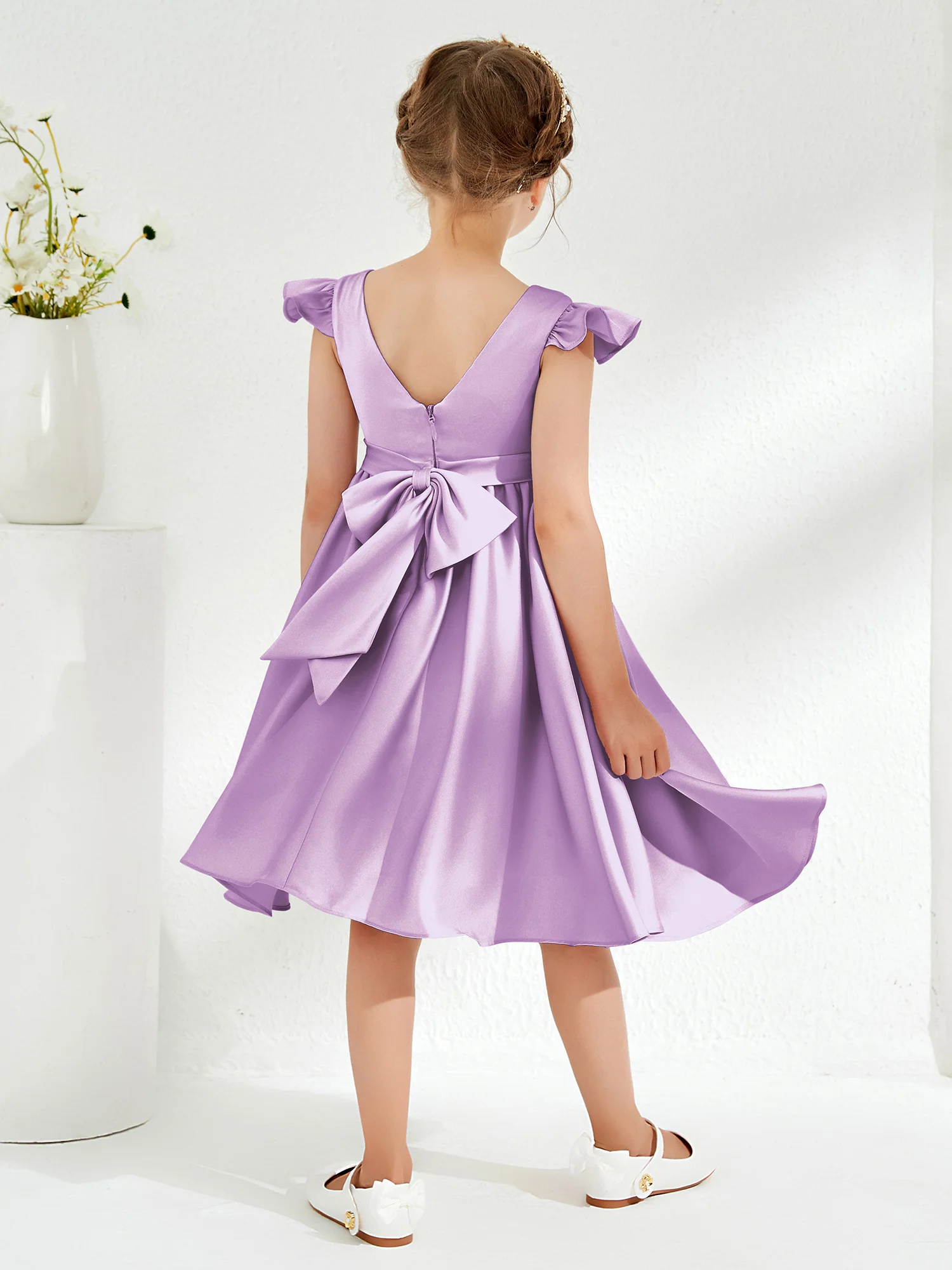 Cute Cap Sleeves Acetate Satin Flower Girl Dresses Lilac - Image 2
