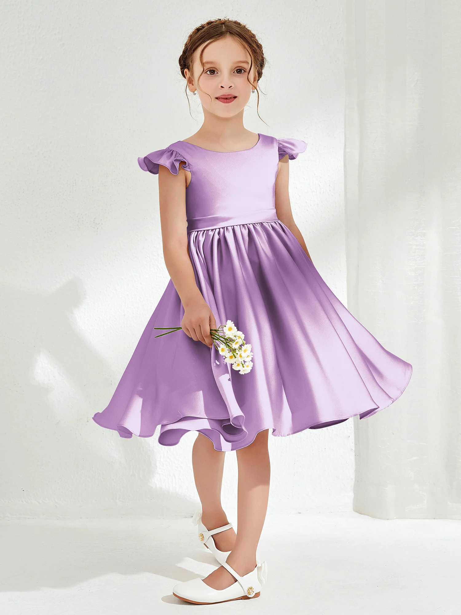 Cute Cap Sleeves Acetate Satin Flower Girl Dresses Lilac - Image 3