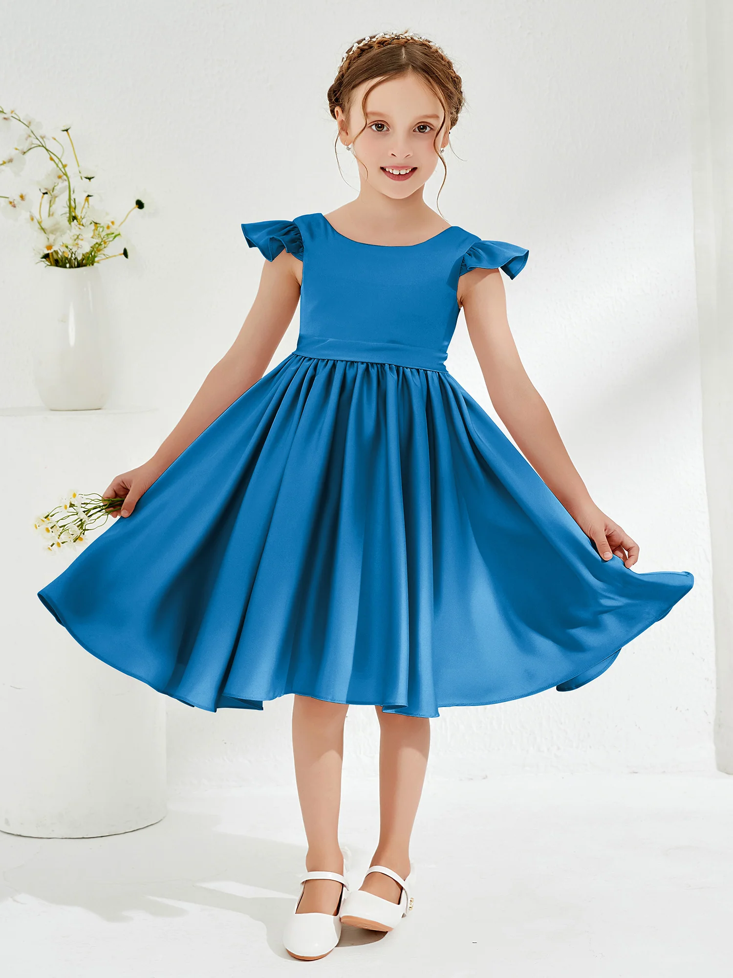 Cute Cap Sleeves Acetate Satin Flower Girl Dresses Ocean Blue
