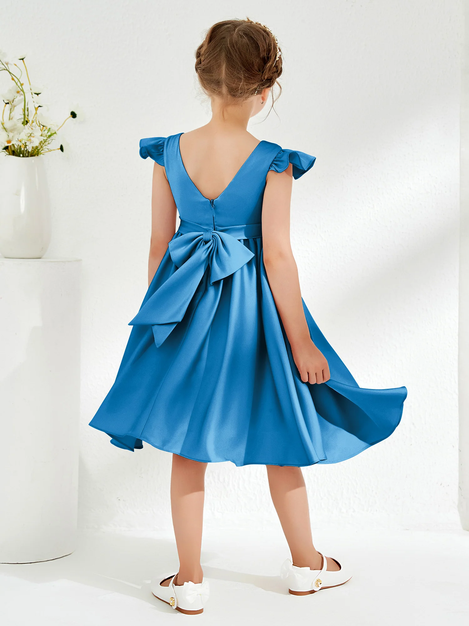 Cute Cap Sleeves Acetate Satin Flower Girl Dresses Ocean Blue - Image 2