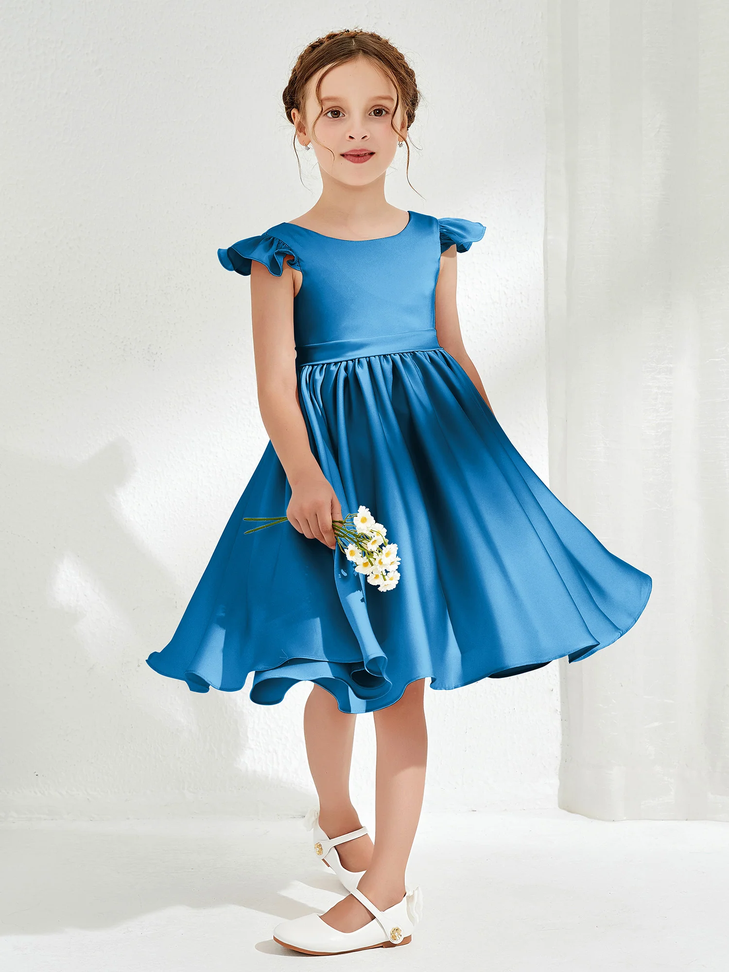 Cute Cap Sleeves Acetate Satin Flower Girl Dresses Ocean Blue - Image 3