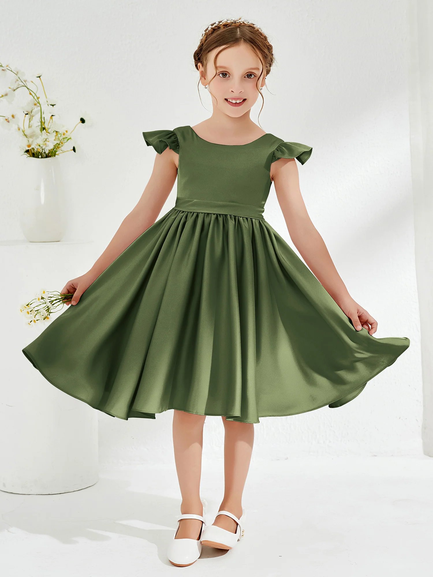 Cute Cap Sleeves Acetate Satin Flower Girl Dresses Olive Green