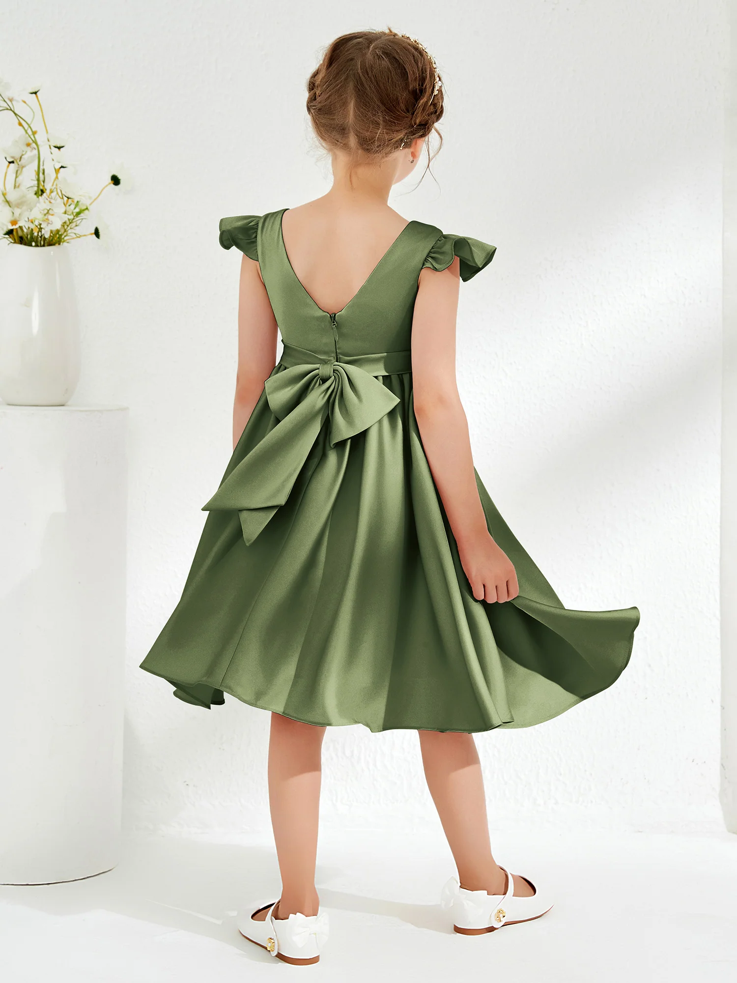 Cute Cap Sleeves Acetate Satin Flower Girl Dresses Olive Green - Image 2