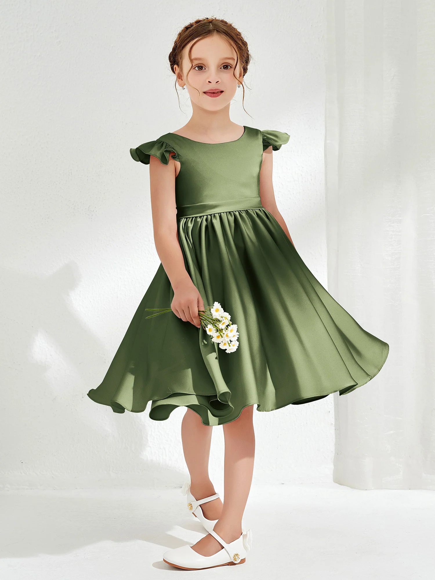 Cute Cap Sleeves Acetate Satin Flower Girl Dresses Olive Green - Image 3