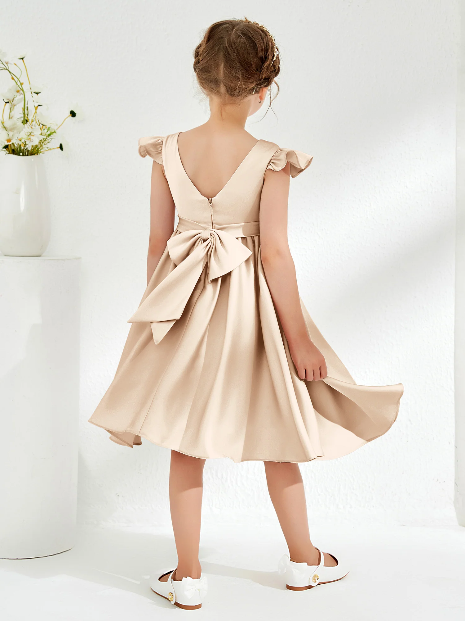 Cute Cap Sleeves Acetate Satin Flower Girl Dresses Peach - Image 2