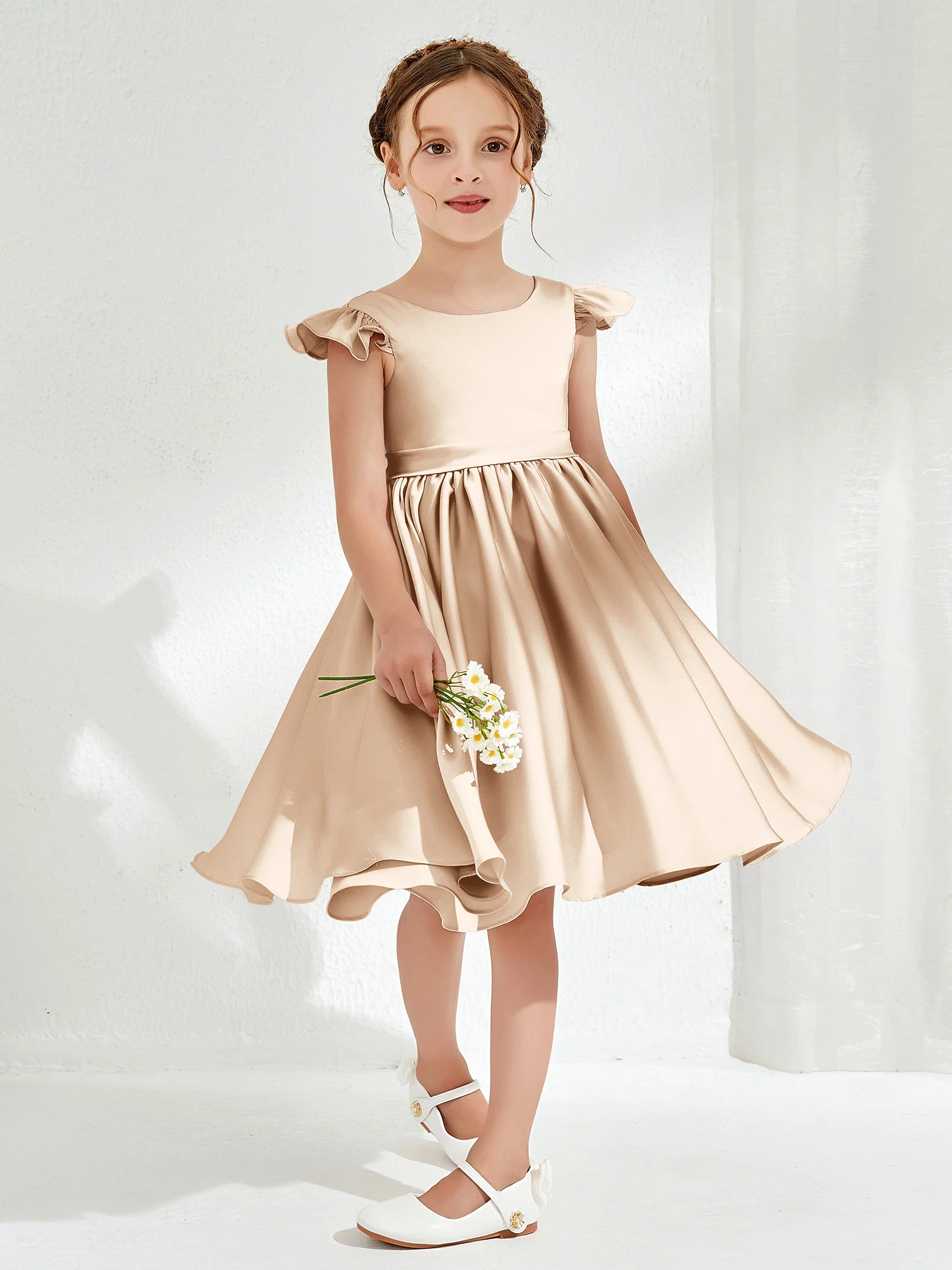 Cute Cap Sleeves Acetate Satin Flower Girl Dresses Peach - Image 3