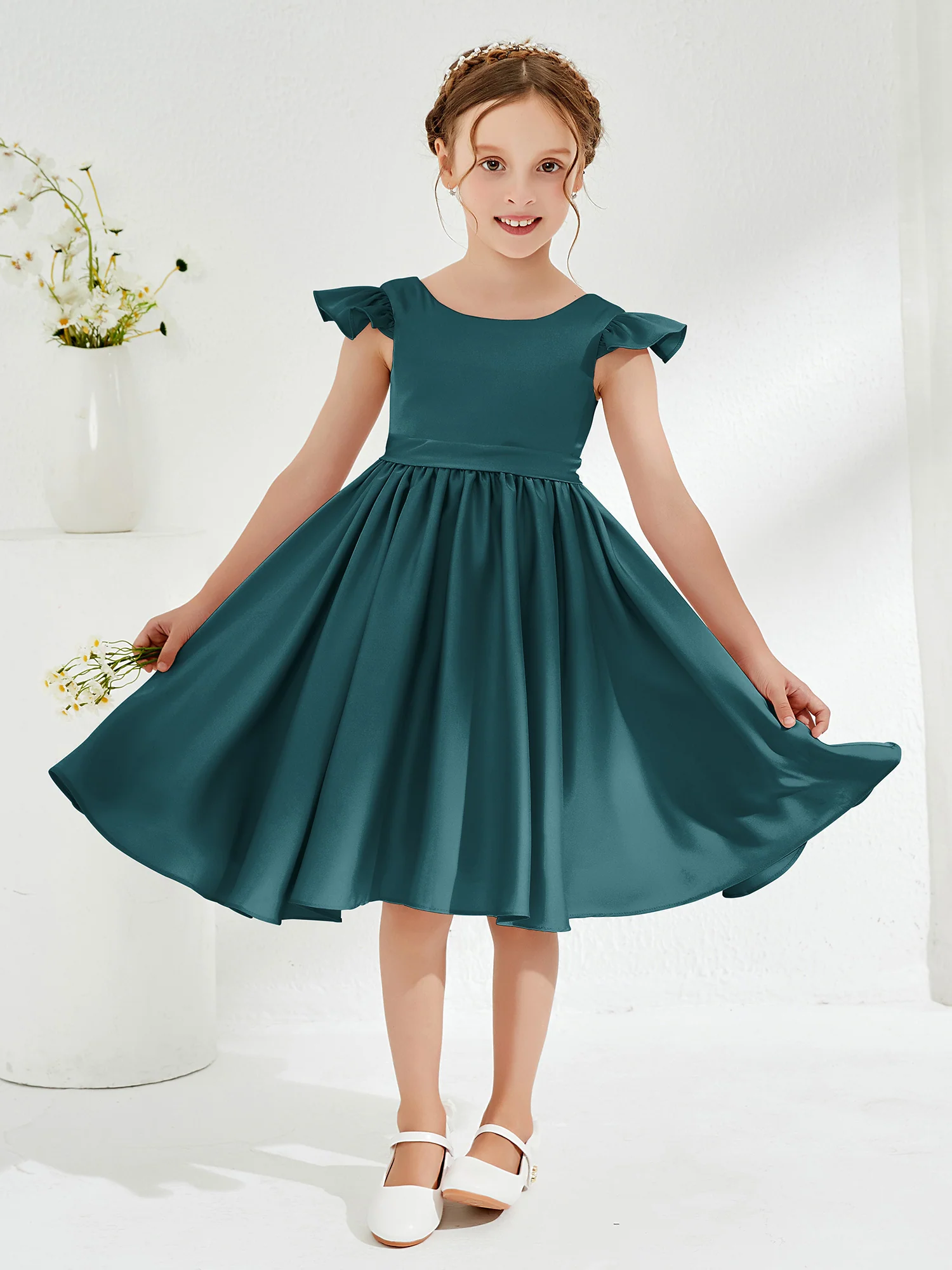 Cute Cap Sleeves Acetate Satin Flower Girl Dresses Peacock
