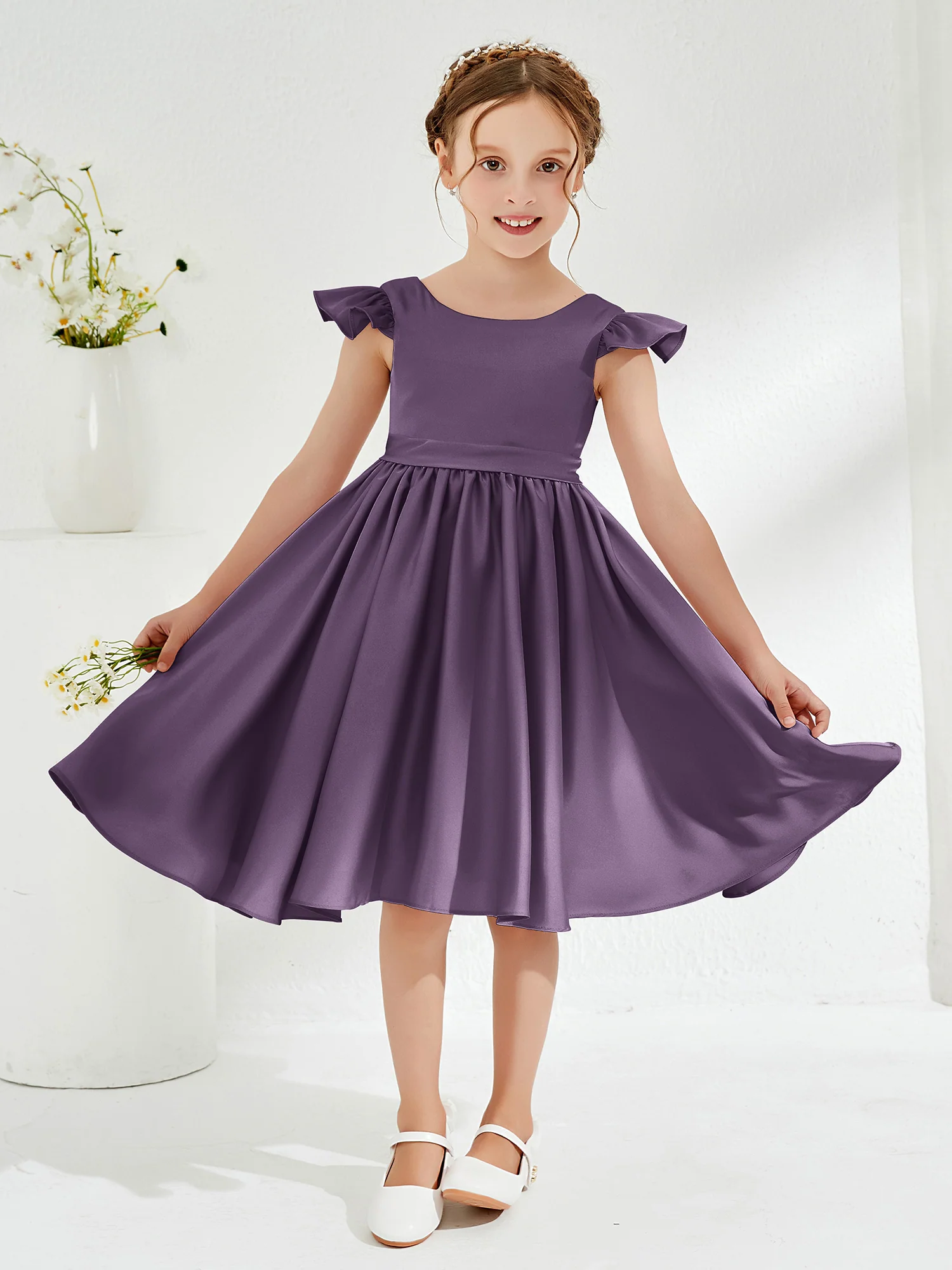Cute Cap Sleeves Acetate Satin Flower Girl Dresses Plum