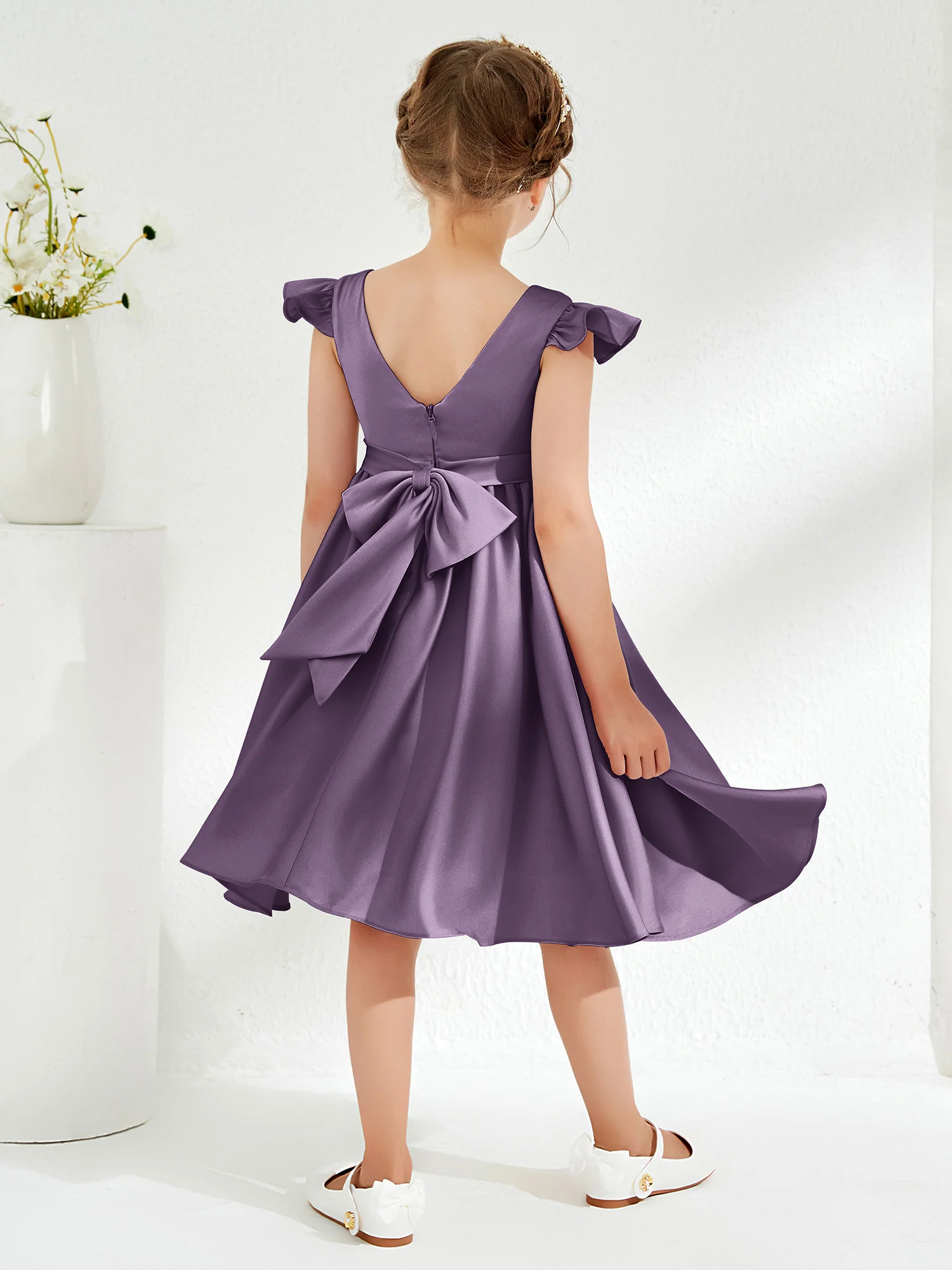 Cute Cap Sleeves Acetate Satin Flower Girl Dresses Plum - Image 2