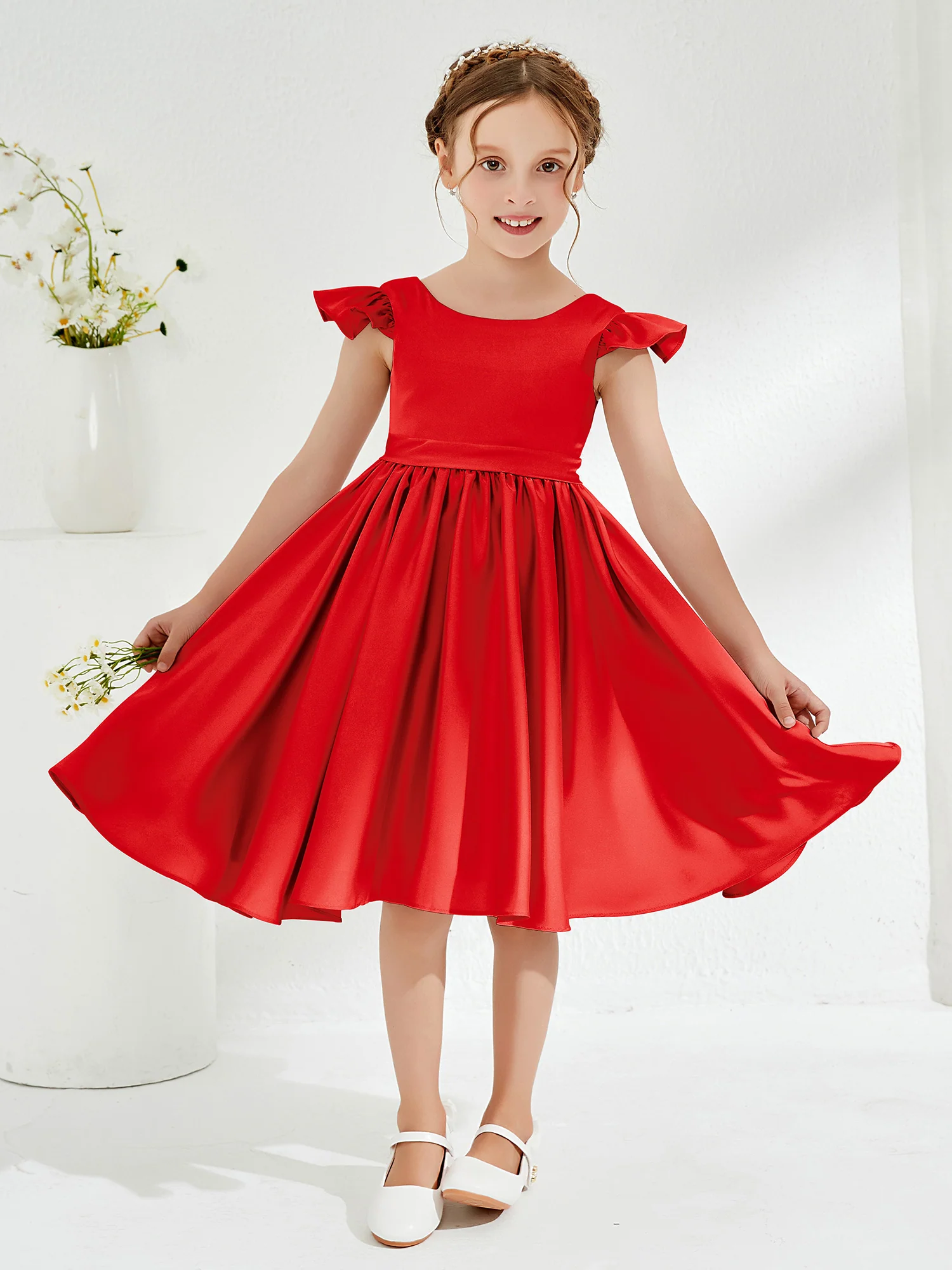 Cute Cap Sleeves Acetate Satin Flower Girl Dresses Red
