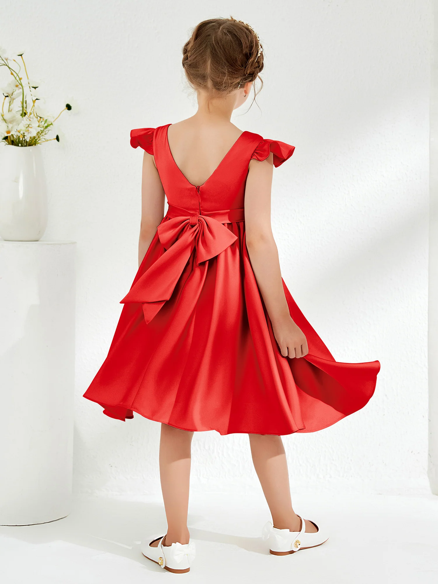 Cute Cap Sleeves Acetate Satin Flower Girl Dresses Red - Image 2