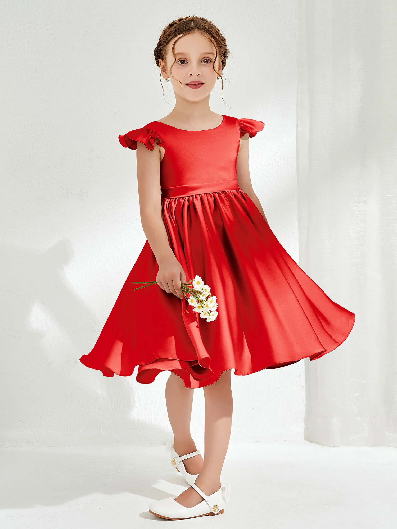 Cute Cap Sleeves Acetate Satin Flower Girl Dresses Red - Image 3