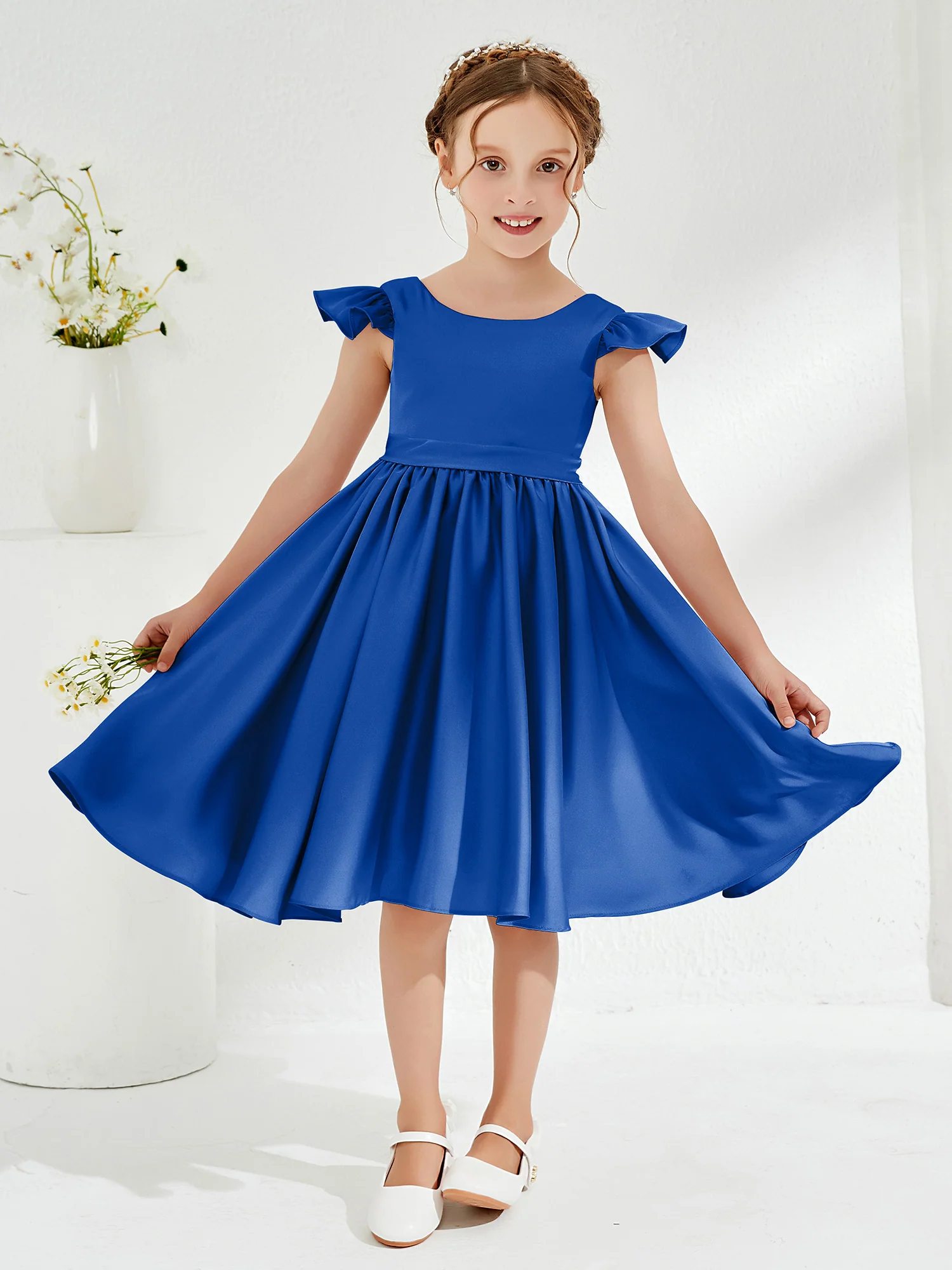 Cute Cap Sleeves Acetate Satin Flower Girl Dresses Royal Blue