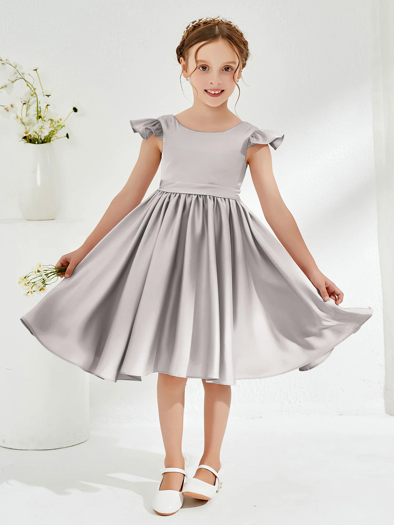 Cute Cap Sleeves Acetate Satin Flower Girl Dresses Silver