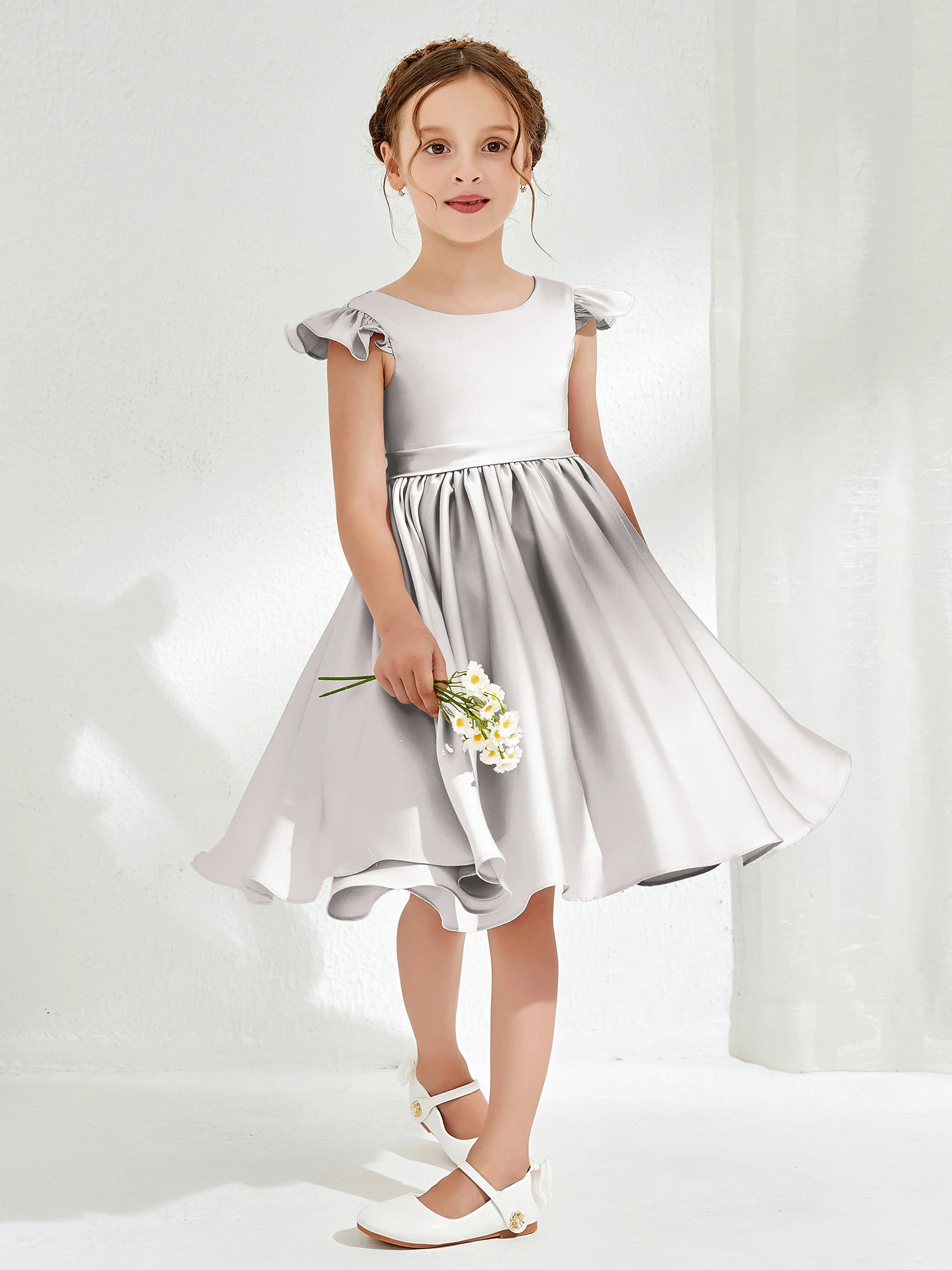 Cute Cap Sleeves Acetate Satin Flower Girl Dresses Silver - Image 3