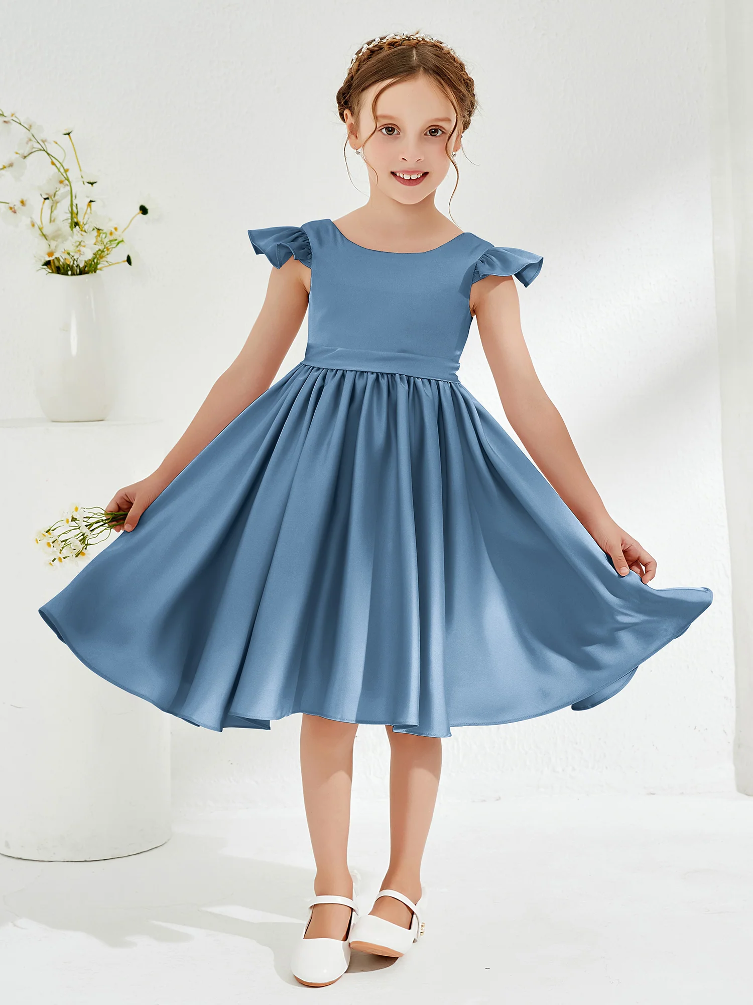 Cute Cap Sleeves Acetate Satin Flower Girl Dresses Slate Blue