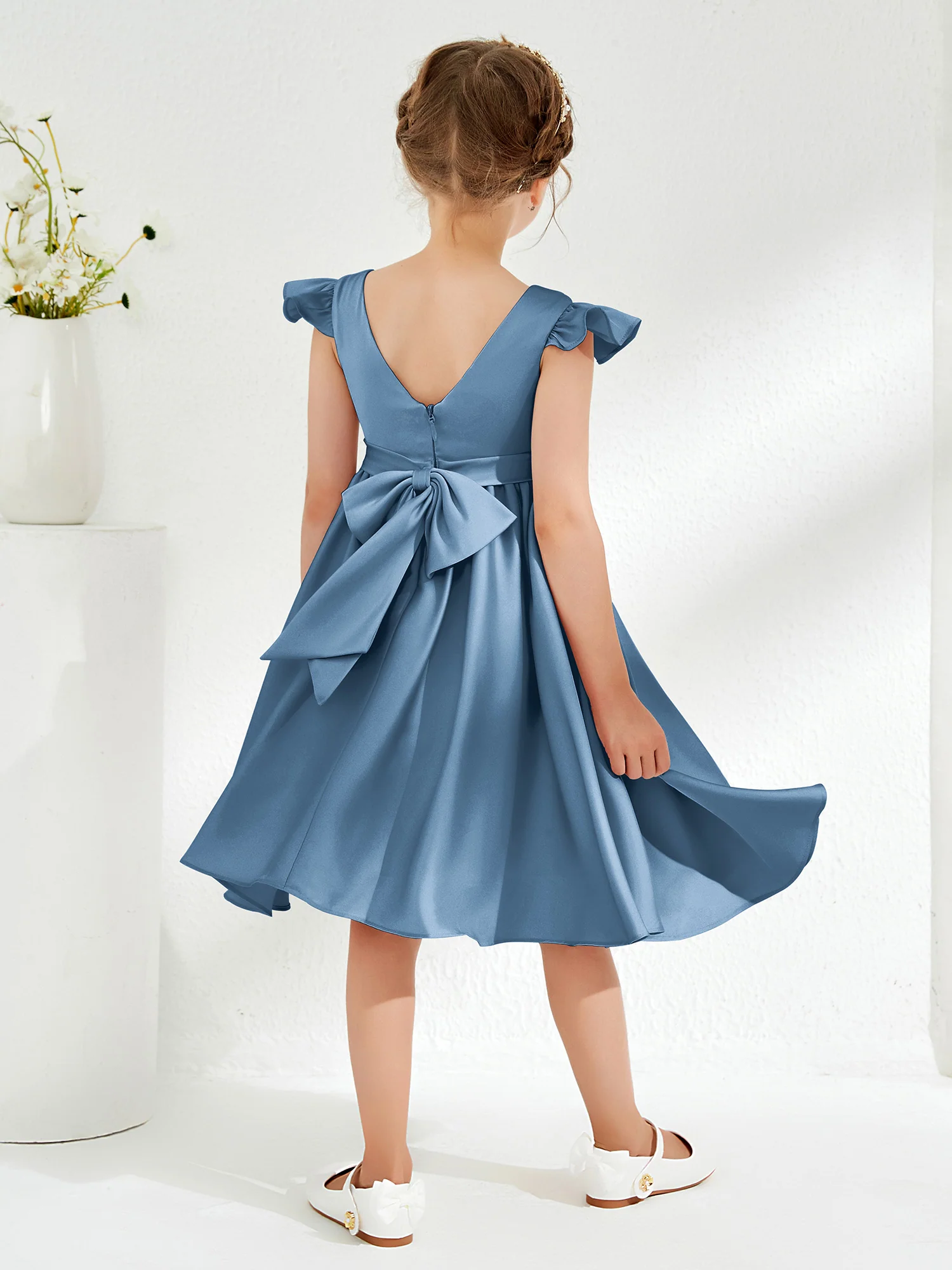 Cute Cap Sleeves Acetate Satin Flower Girl Dresses Slate Blue - Image 2