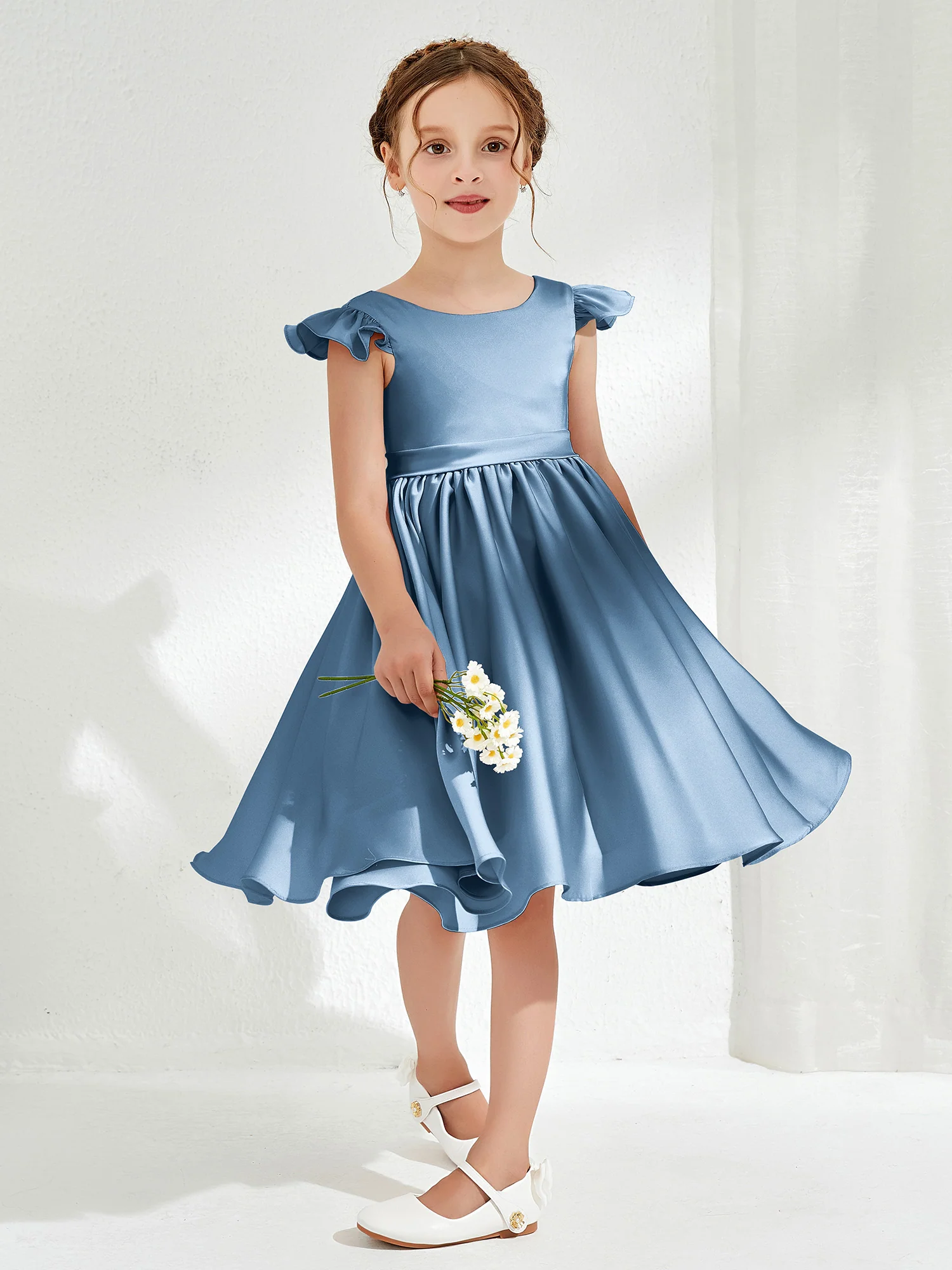 Cute Cap Sleeves Acetate Satin Flower Girl Dresses Slate Blue - Image 3