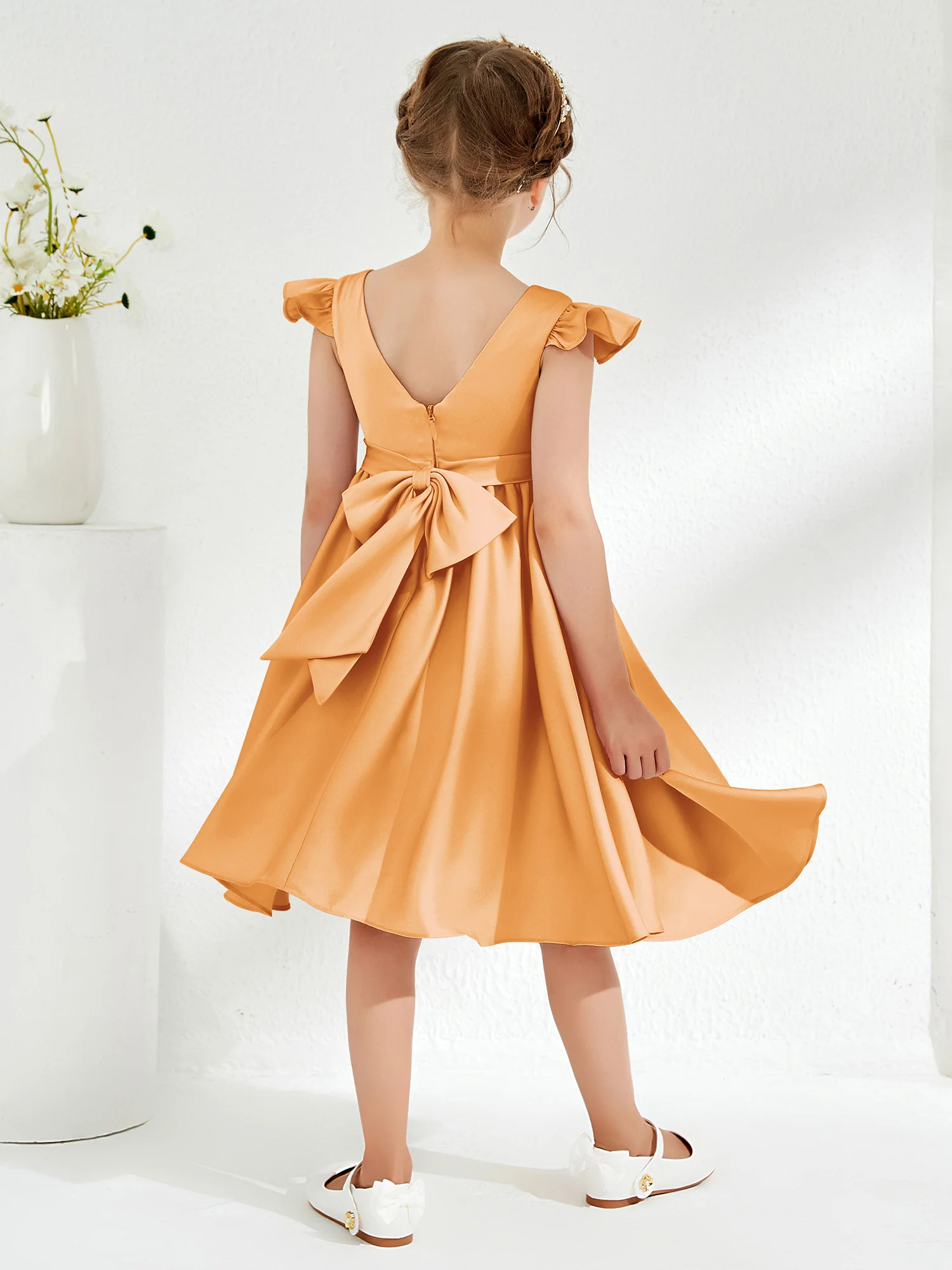 Cute Cap Sleeves Acetate Satin Flower Girl Dresses Tangerine - Image 2