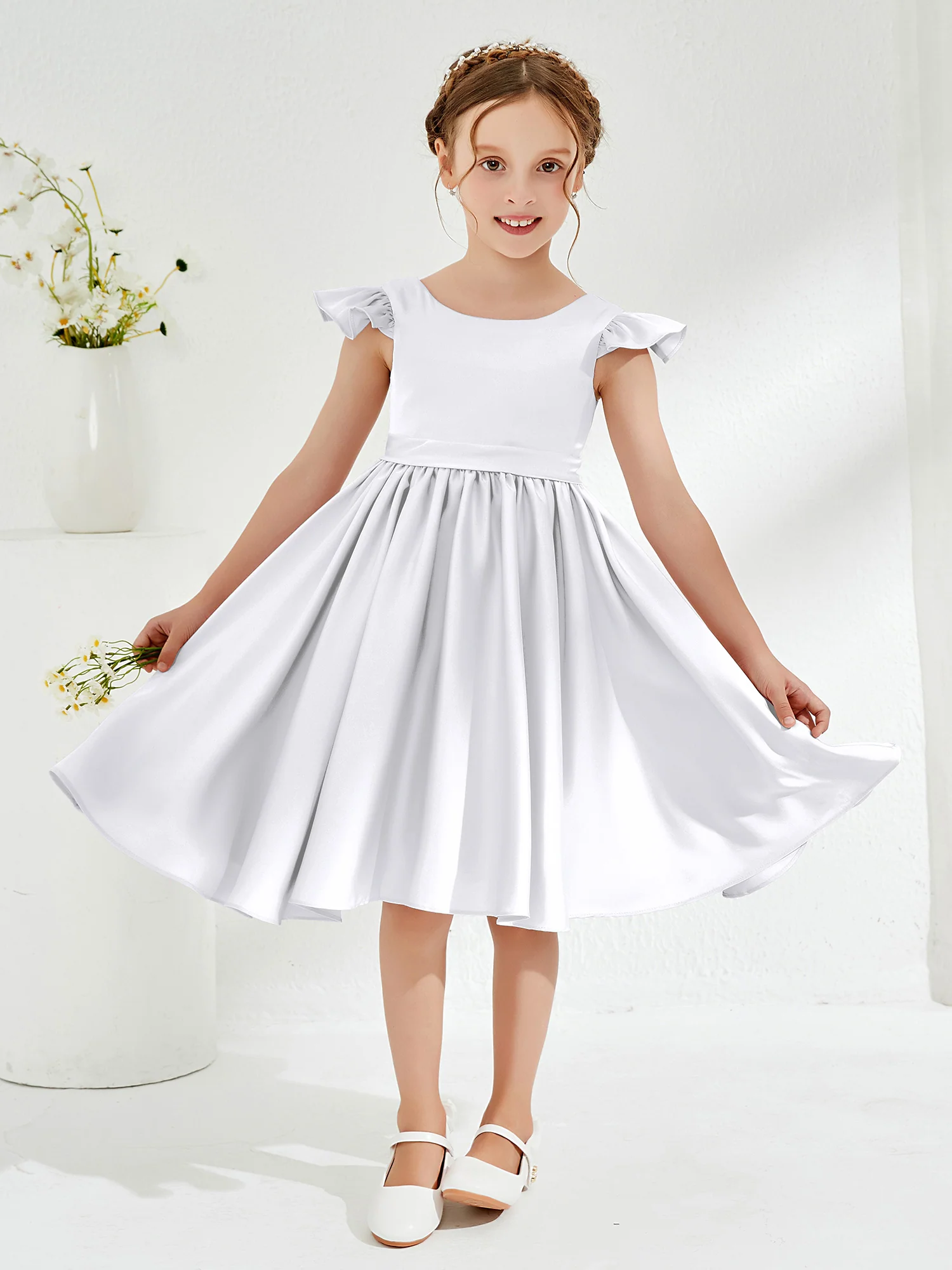 Cute Cap Sleeves Acetate Satin Flower Girl Dresses White