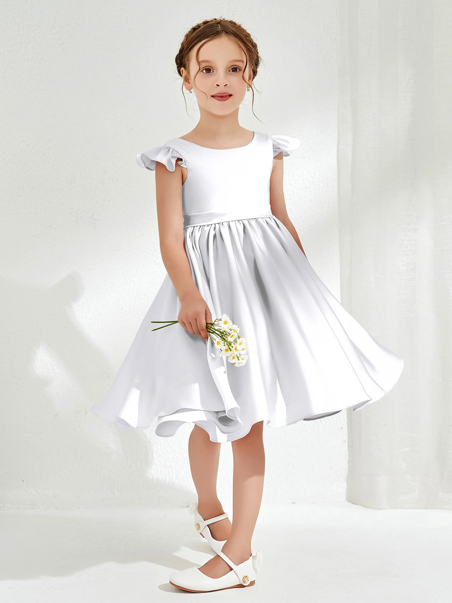 Cute Cap Sleeves Acetate Satin Flower Girl Dresses White - Image 3